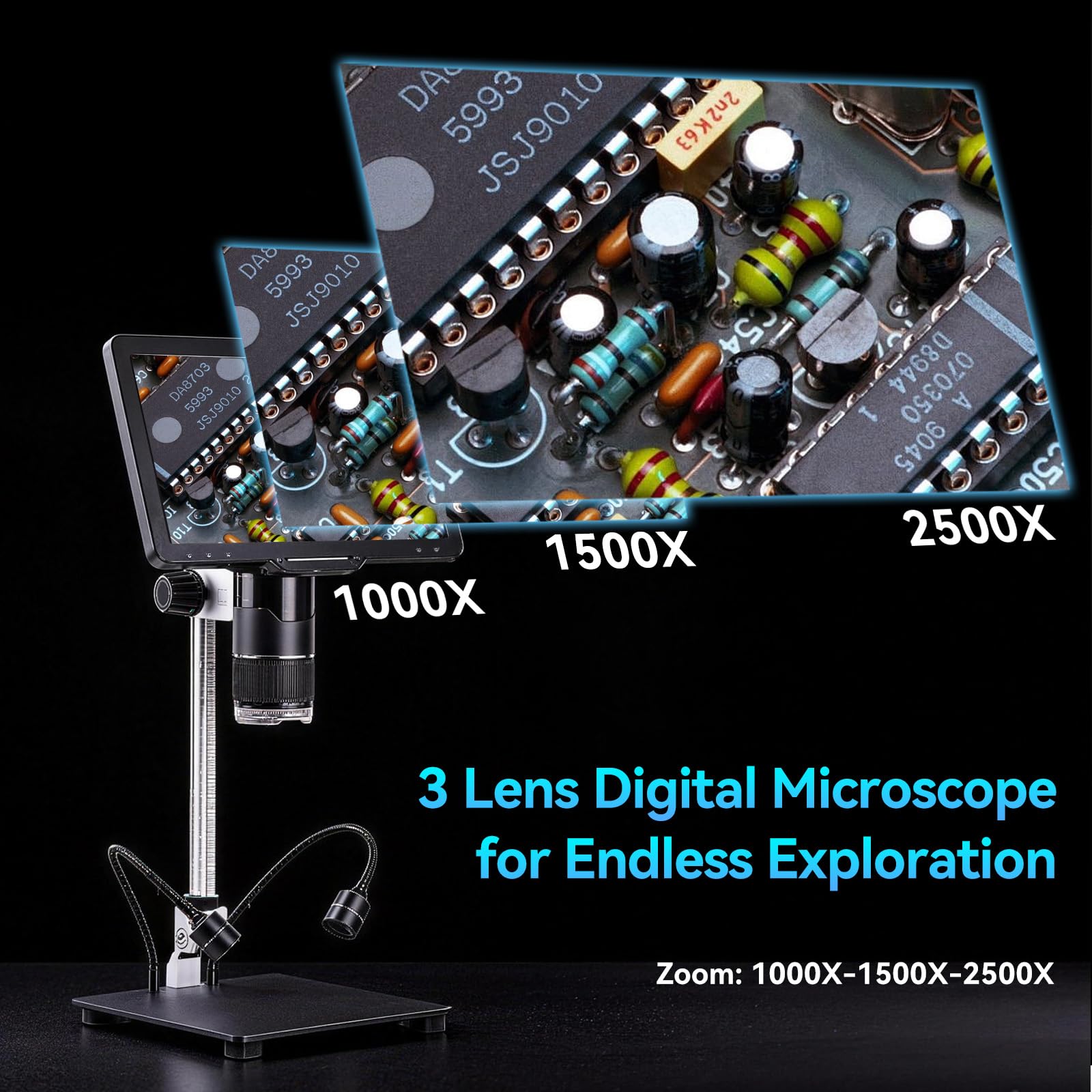Microscopio digitale Pro con display IPS da 10,1 pollici, 3 obiettivi (1000X-2500X) per saldatura e biologia, fotocamera 2K, anello luminoso a 144 LED, HDMI/USB, 32 GB per bambini e professionisti