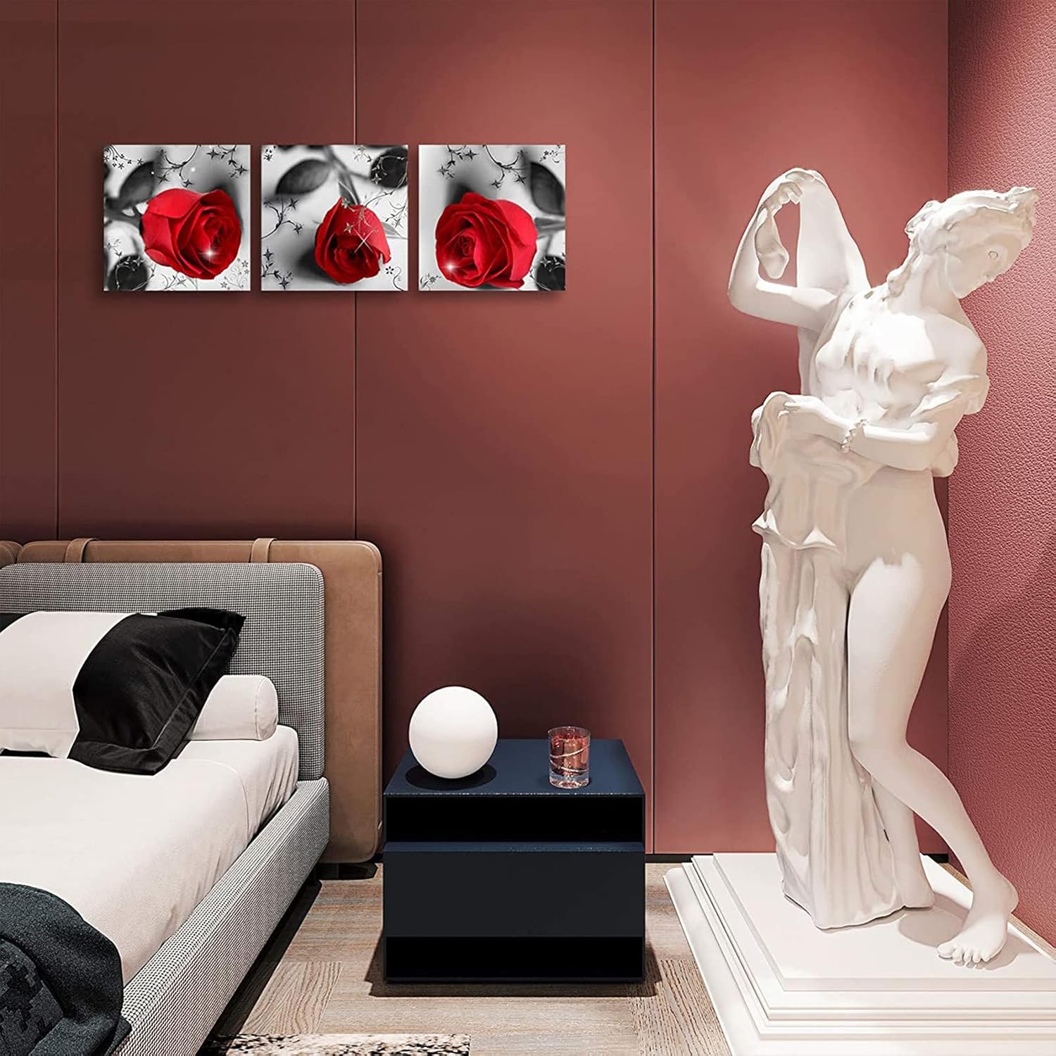 MESESE Red Rose Canvas Wall Art for Bedroom Decor,Red and Black Wall Decor Floral Artwork Flower Painting Picture for Bathroom Wall Decoration 3 Panels Ready to Hang 12"x12" Red Rose Floral 12x12inchx3pcs