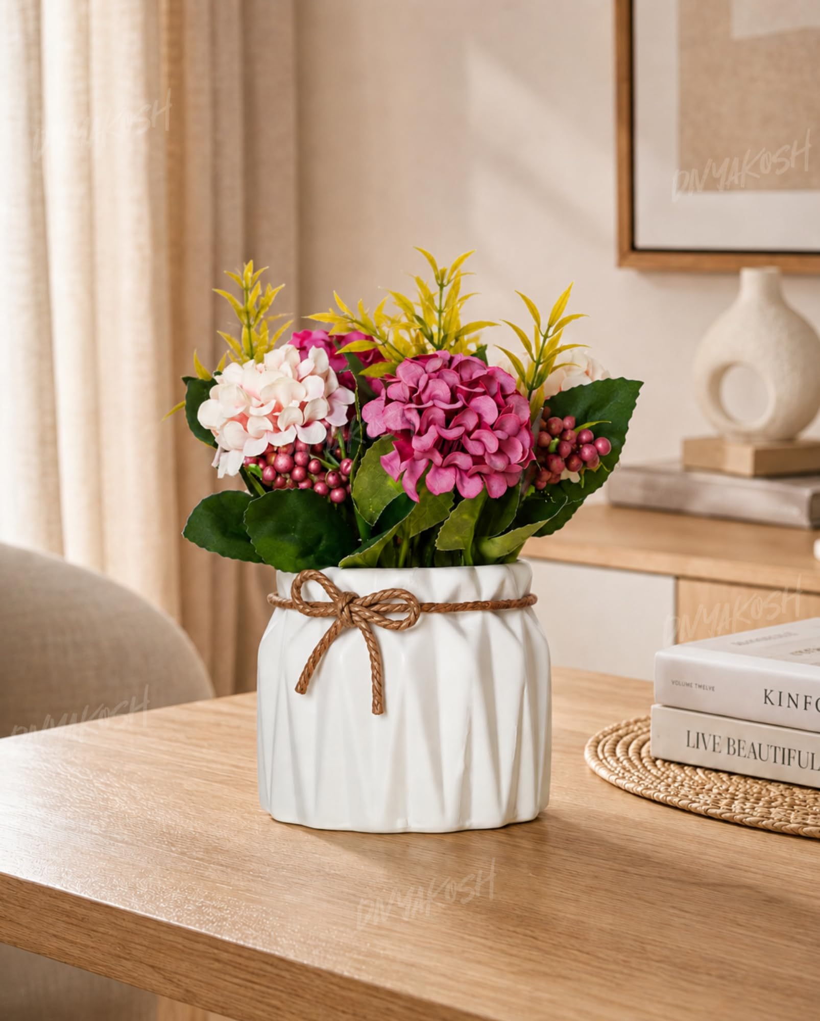 Divyakosh Artificial Flowers Bunch with Vase for Home Decor, Hydrangea Flower Arrangement with Ceramic, Flower Vase's, Home Decoration Items for Living Room, Aesthetic Home Decoration