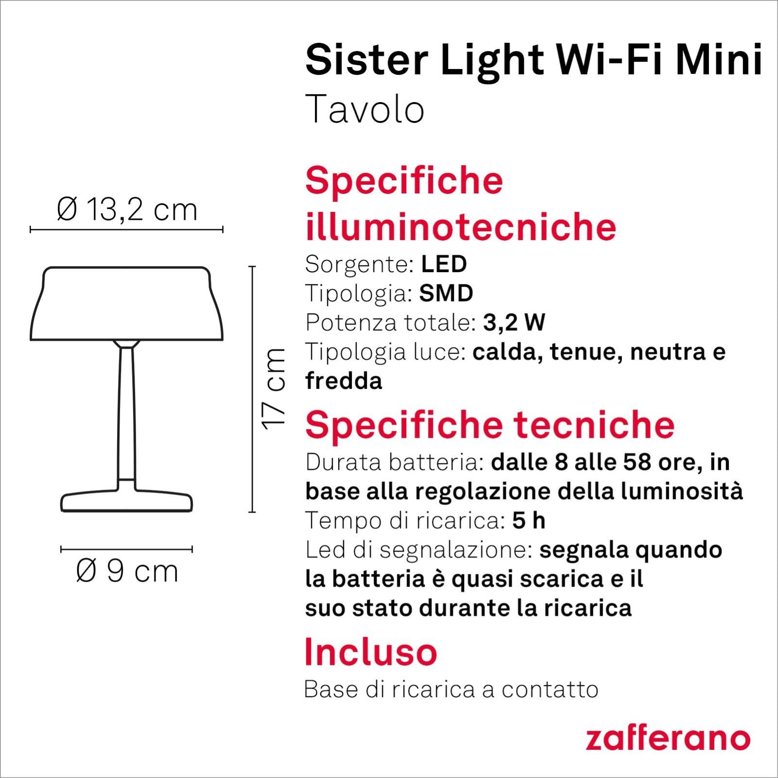 Zafferano, Lampada Sister Light Wi-Fi Mini, Lampada da Tavolo Ricaricabile e Senza Fili con Controllo da Remoto, per Salotto ed Esterni, Dimmer a Step, 2200-4000 K, Altezza 17 cm, Colore Verde