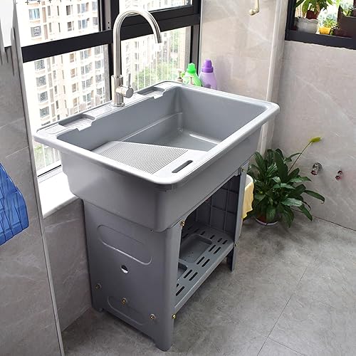 Fregadero de plástico independiente con tabla de lavadero, fregadero utilitario para interiores y exteriores con grifo de agua fría y caliente,
