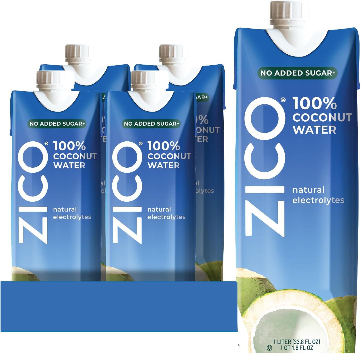 Zico 100% Coconut Water Drink, 1 Litre Carton - 4 Pack, Natural Flavored - No Sugar Added, Gluten-Free - Supports Hydration with Five Naturally Occurring Electrolytes - Not From Concentrate