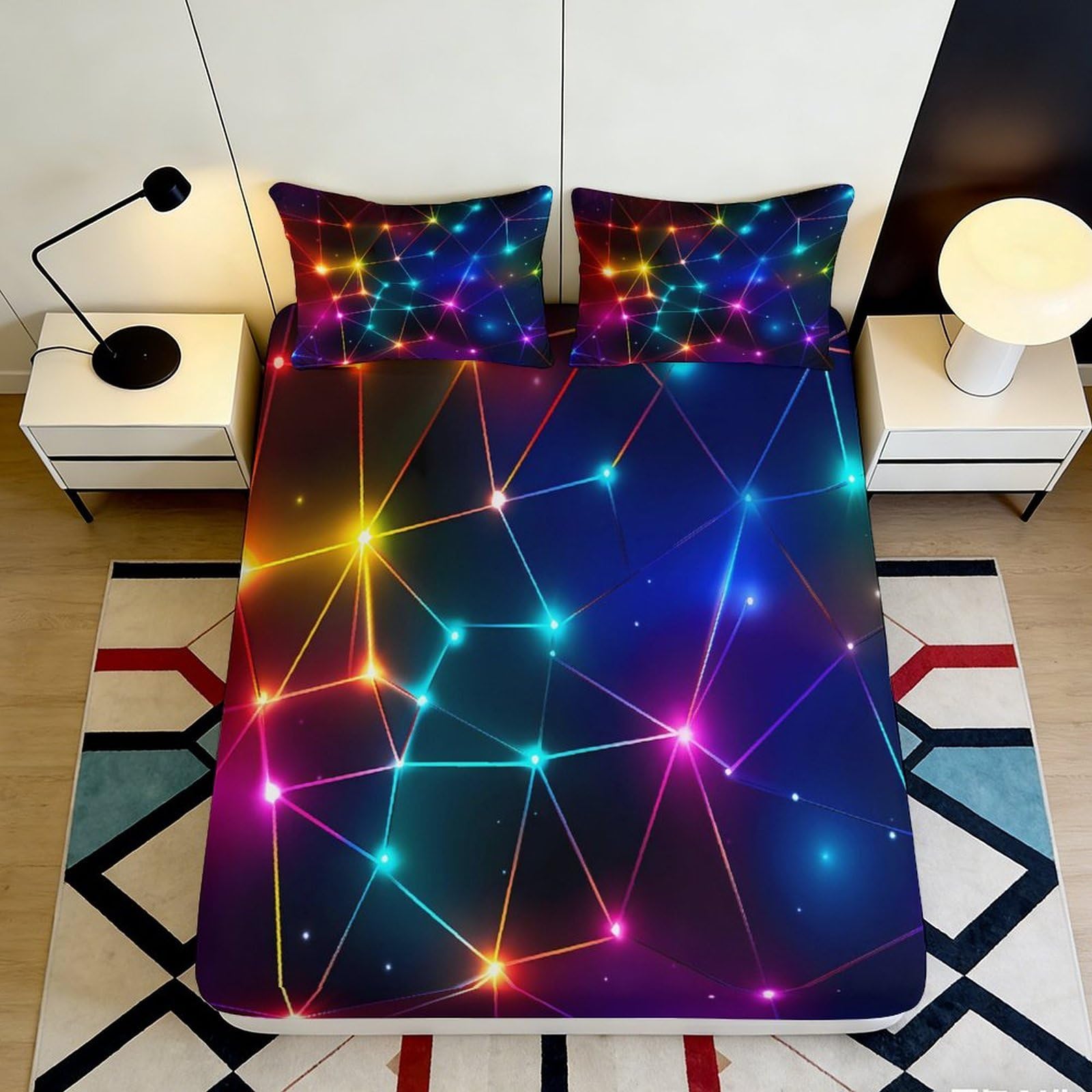 3D Printed Geometric Neon Fitted Sheet Microfiber Soft Colorful Lines Mattress Cover Bedroom Dorm Decor 90x200x25cm