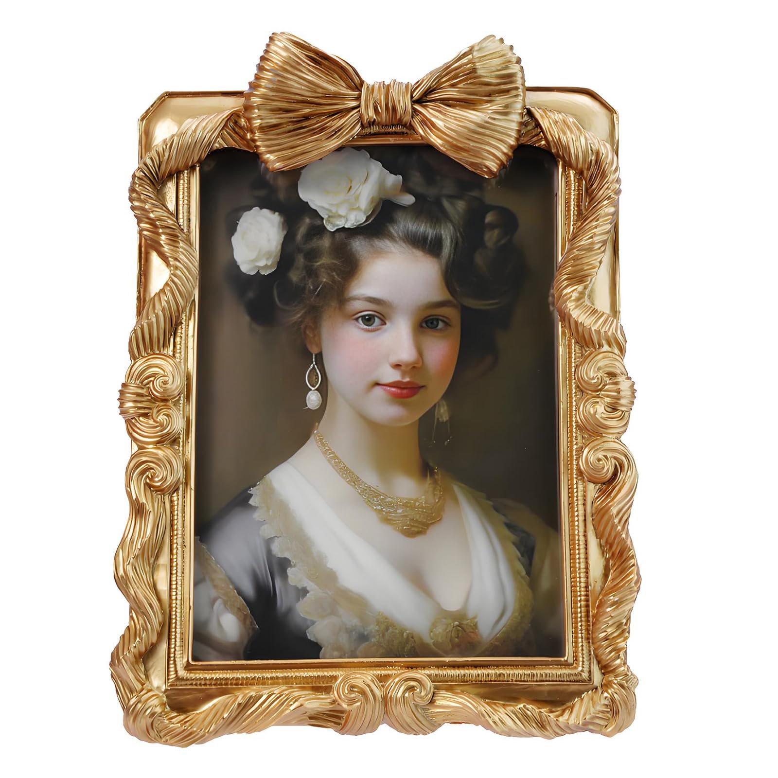 Ornate Resin Photo Frame Antique Gold Bow Accent with Carved Border for Portrait Display on Tabletop or Wall Decor Decorative Picture Frame Ornate Carved Resin Photo Old Gold Portrait Tabletop Wall