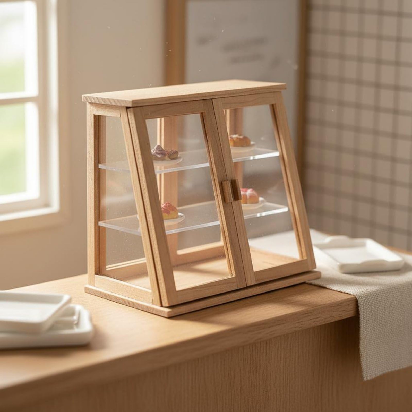 Credenza Espositiva in Miniatura Doppia Anta Vetrina in Miniatura Legno Fatto a Mobile Espositore Vittoriano per Diorami, A-Noce Grezzo, Vetrina Per Torte A Doppia Porta Lunghezza 100mm