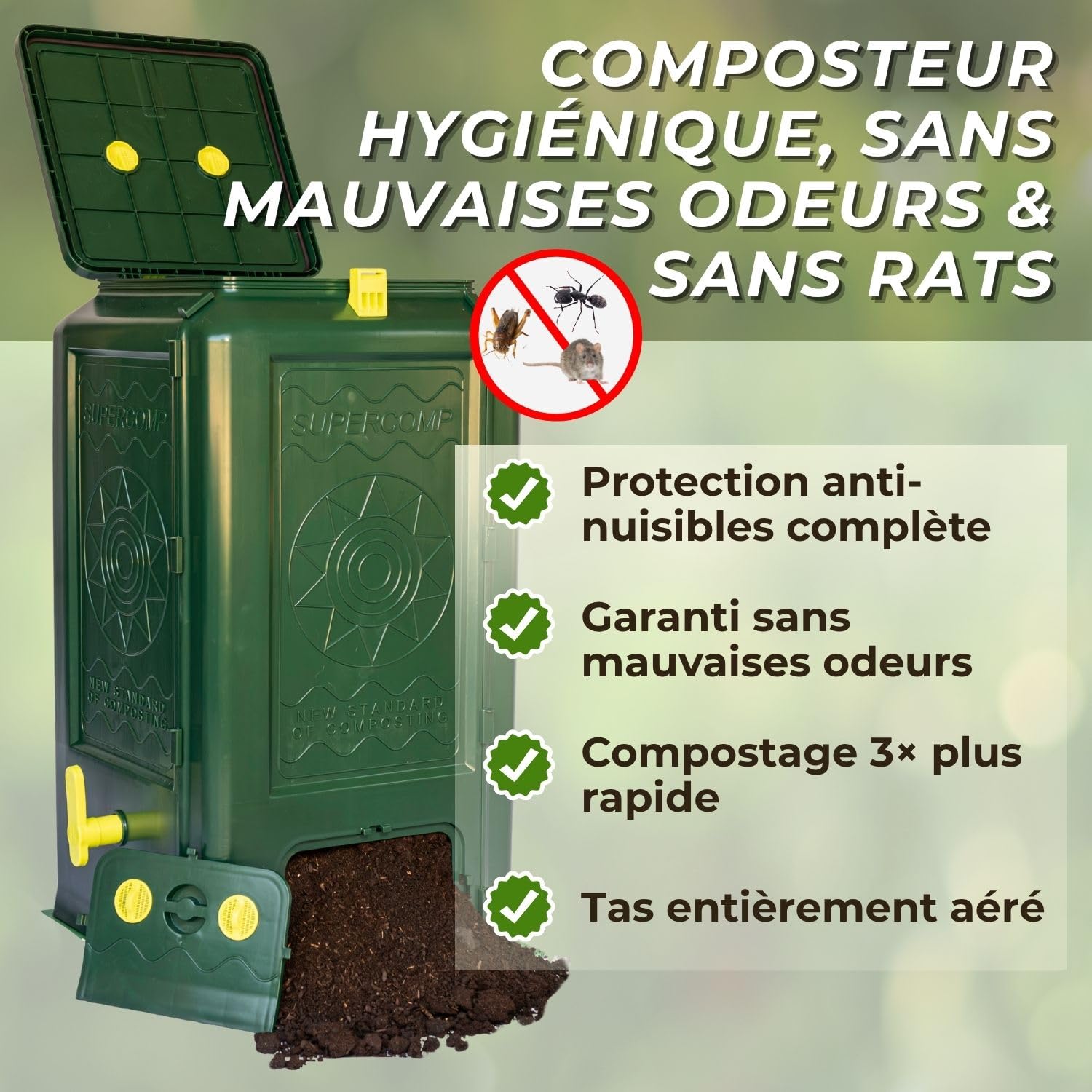 Composteur de Jardin Premium 350L – Protection Totale Anti Rat- Anti Rongeurs, sans Odeurs, Aération Verticale, Résistant aux UV et au Gel, Plateau de Base Inclus