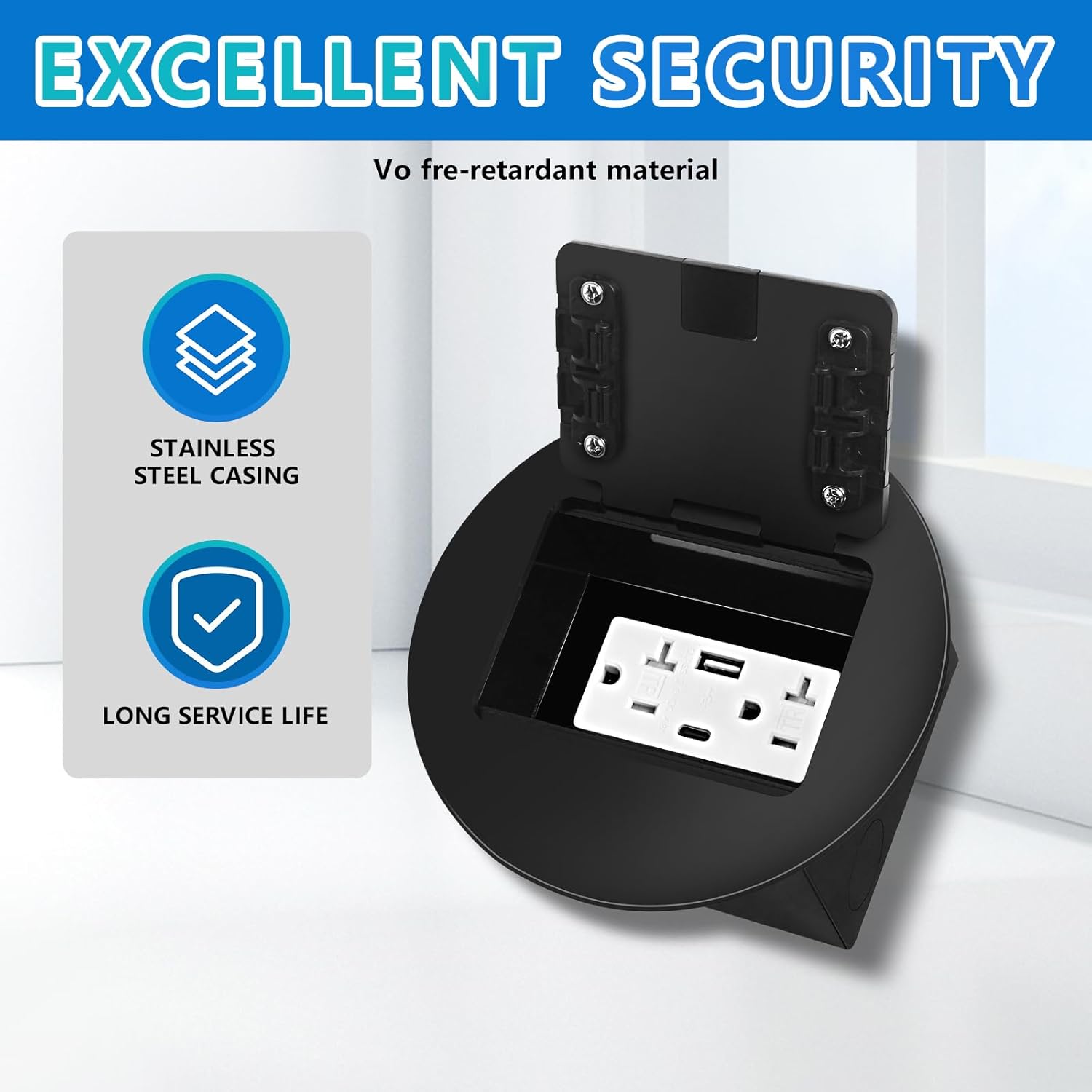 KYHSHJ Recessed Circular Floor Socket Kit with 2 * 20A Receptacle,4.8A 1 USB-A Ports &1 USB-C Port,Corrosive Resistant Hardware,Black - Image 2