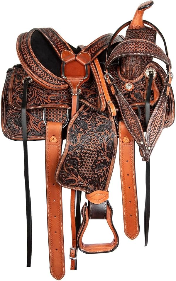 Sillín Western de Cuero ADB CREATIONS para Carreras con Juego de Arnés, Diseño Floral Tallado a Mano, Cuero Genuino Premium, Asiento Acolchado Cómodo, Tallas 10" 11" 12" 14" 15" 16" 17" 18" para Jóvenes y Adultos