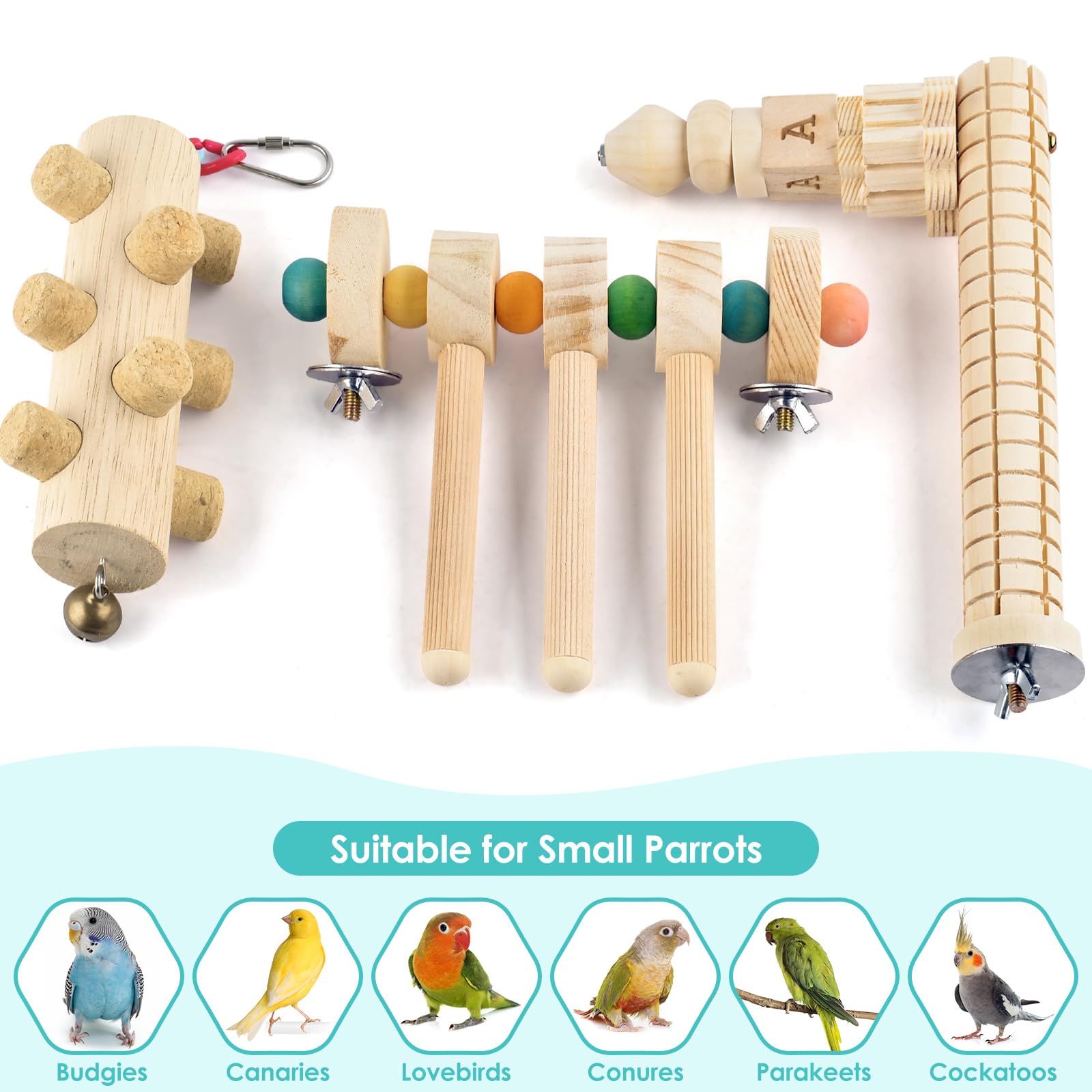 DBNESS 3pcs Natural Wood Bird Perch Toys, Rotating Perch Stand, L-Shaped Perches with Chew Block, Hanging Cork Stopper Toy, Birdcage Accessories for Small Medium Parrots Cockatiels Quaker Caique - image 6
