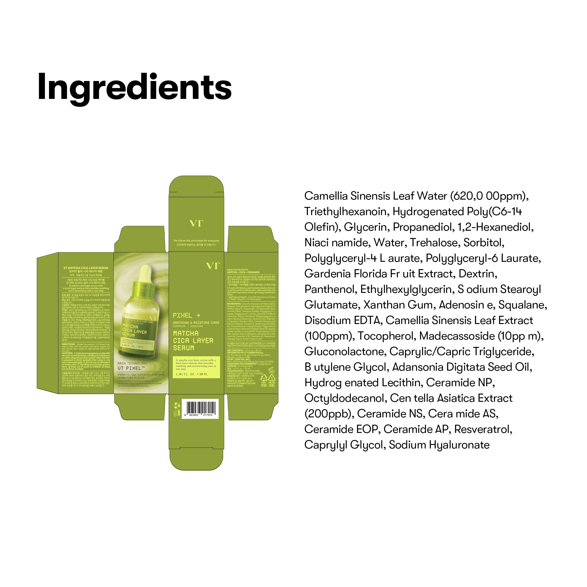 VT COSMETICS Matcha Cica Layer Serum with Ceramide & Squalane, 30ml