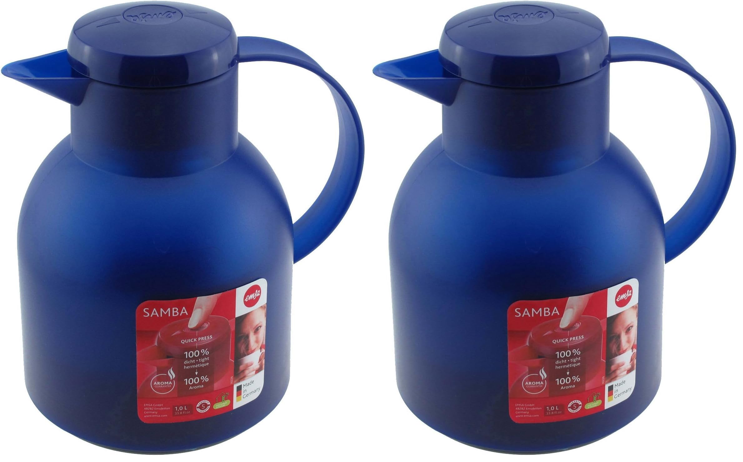 Emsa Samba Isolierkanne 504231 | 1 Liter | Quick Press Verschluss | 100% dicht | 12h heiß, 24h kalt | Transluzent Blau | Polypropylen (Packung mit 2)