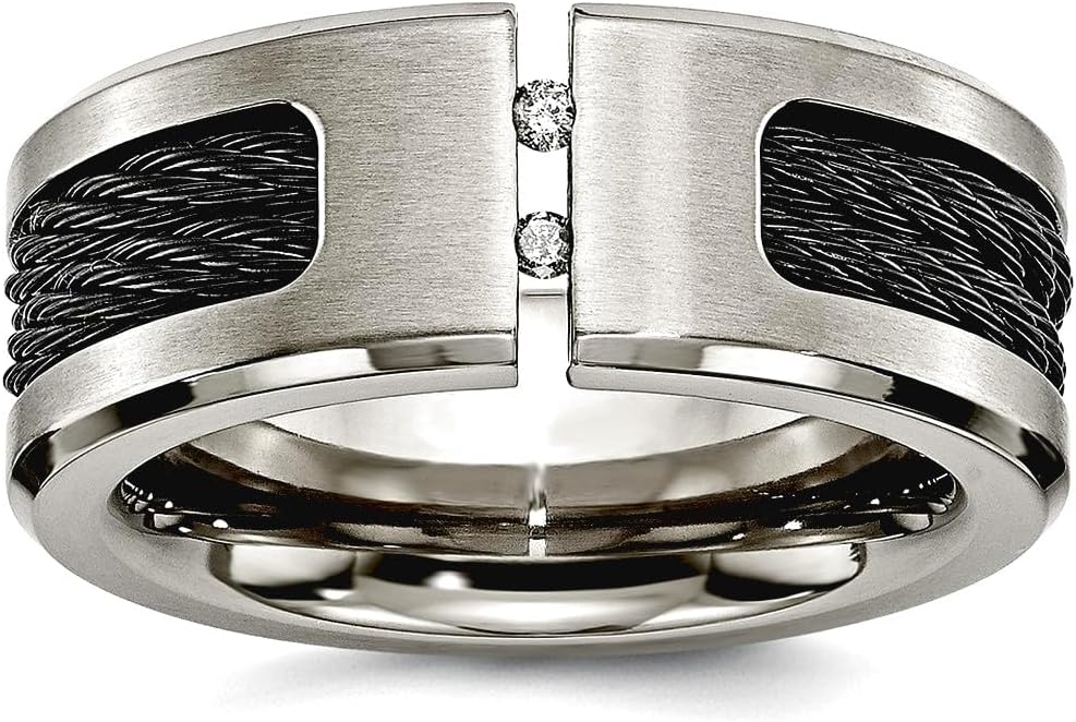 Titanium Brushed Black Cable and Diamonds 10mm Band Ring Size 9 Ring for Women and Men
