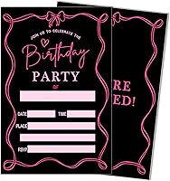 Vista 1 de ukebobo Invitación de cumpleaños retro con lazo rosa, invitación de fiesta de cumpleaños de 4 x 6, invitación de cumpleaños negra, 20 tarjetas