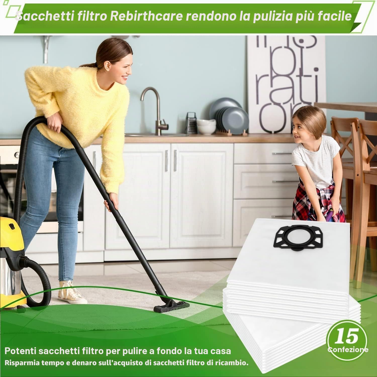 Rebirthcare 15 sacchetti per Kärcher aspirapolvere 2.863-006.0 in tessuto non tessuto 487, sacchetti di ricambio WD4 WD5 WD6 WD5P WD6P Premium MV4 MV5 MV6 sacchetti per filtro bagnati e asciutti