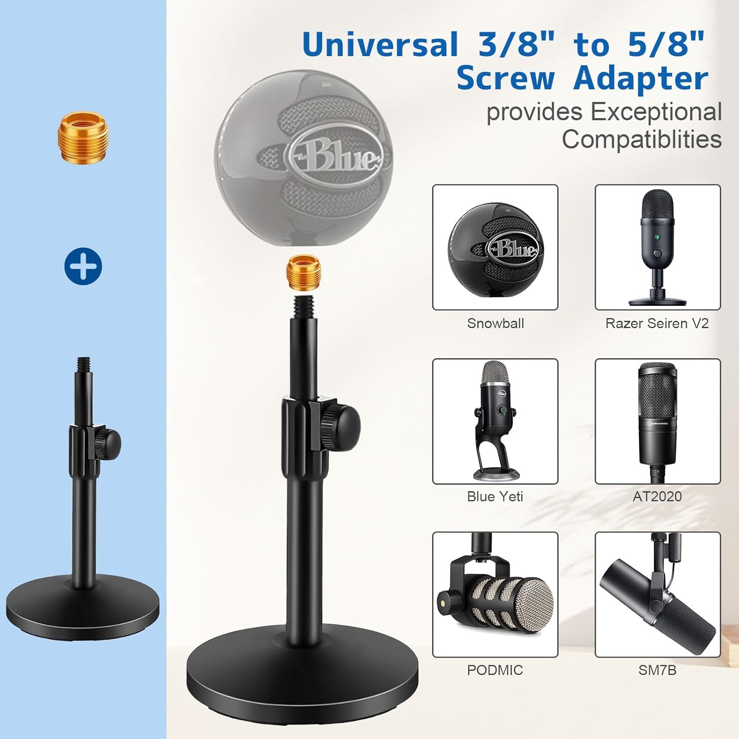 BILIONE Versatile Desktop Microphone Stand, Adjustable Table Mic Stand with Large Microphone Clip, Cell Phone Clip, 5/8" Male to 3/8" Female Metal Adapter (Pack of 2)