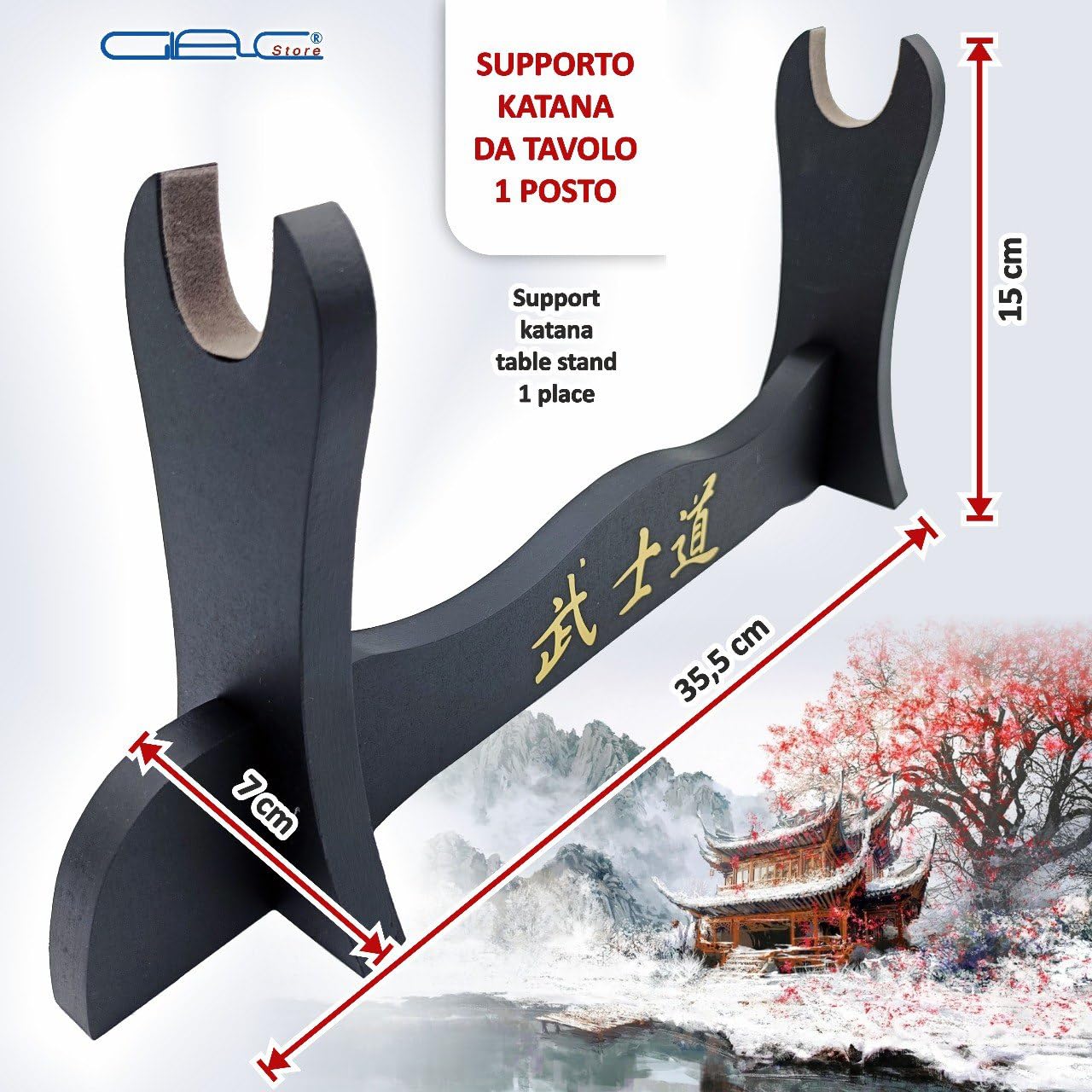 Espositore Supporto Piedistallo 1 Posto Velluto Grigio Scuro Scamosciato da Tavolo per Katana tipo Ultimo Samurai Miyamoto Musashi in Legno Scritte Giapponese e Ricambio