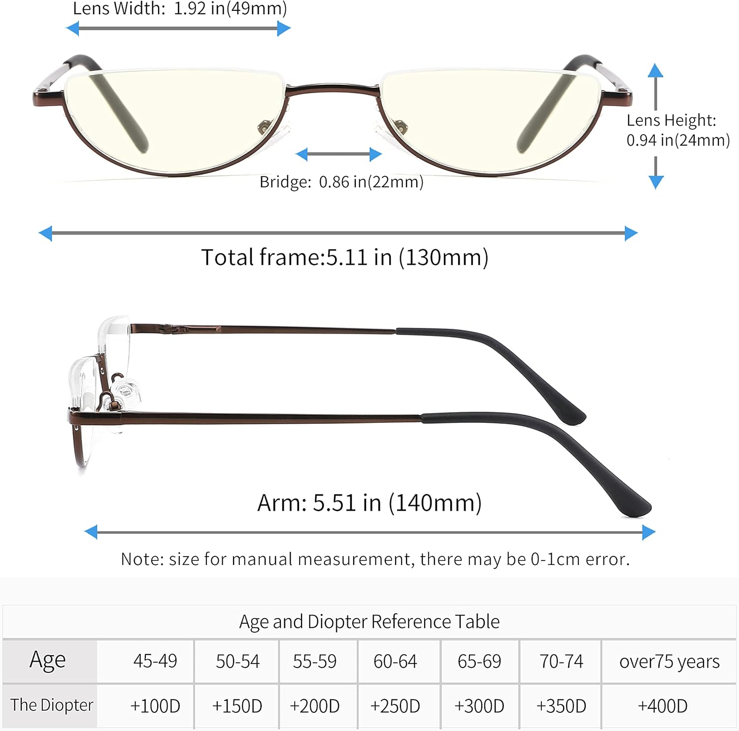 Half Lens Reading Glasses Blue Light Blocking, Half Moon Frame Semi Rim Spring Hinge Readers with Case for Men Women 3 Pack +2.5