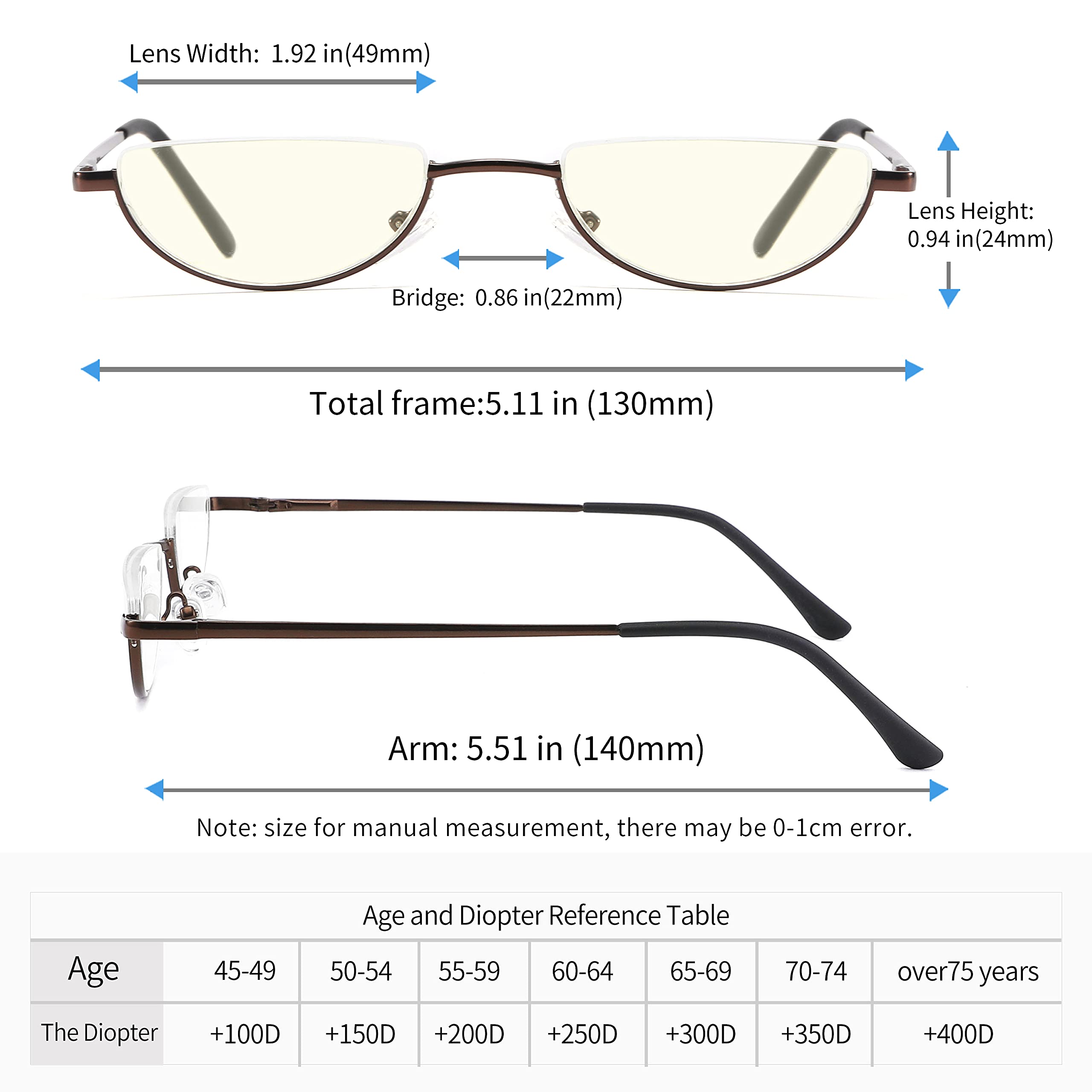 Halblinse Lesebrille Blaulicht blockierend, Halbmond Rahmen Halbrand Federscharnier Leser mit Etui für Männer Frauen, 2 Stück (rot/schwarz)