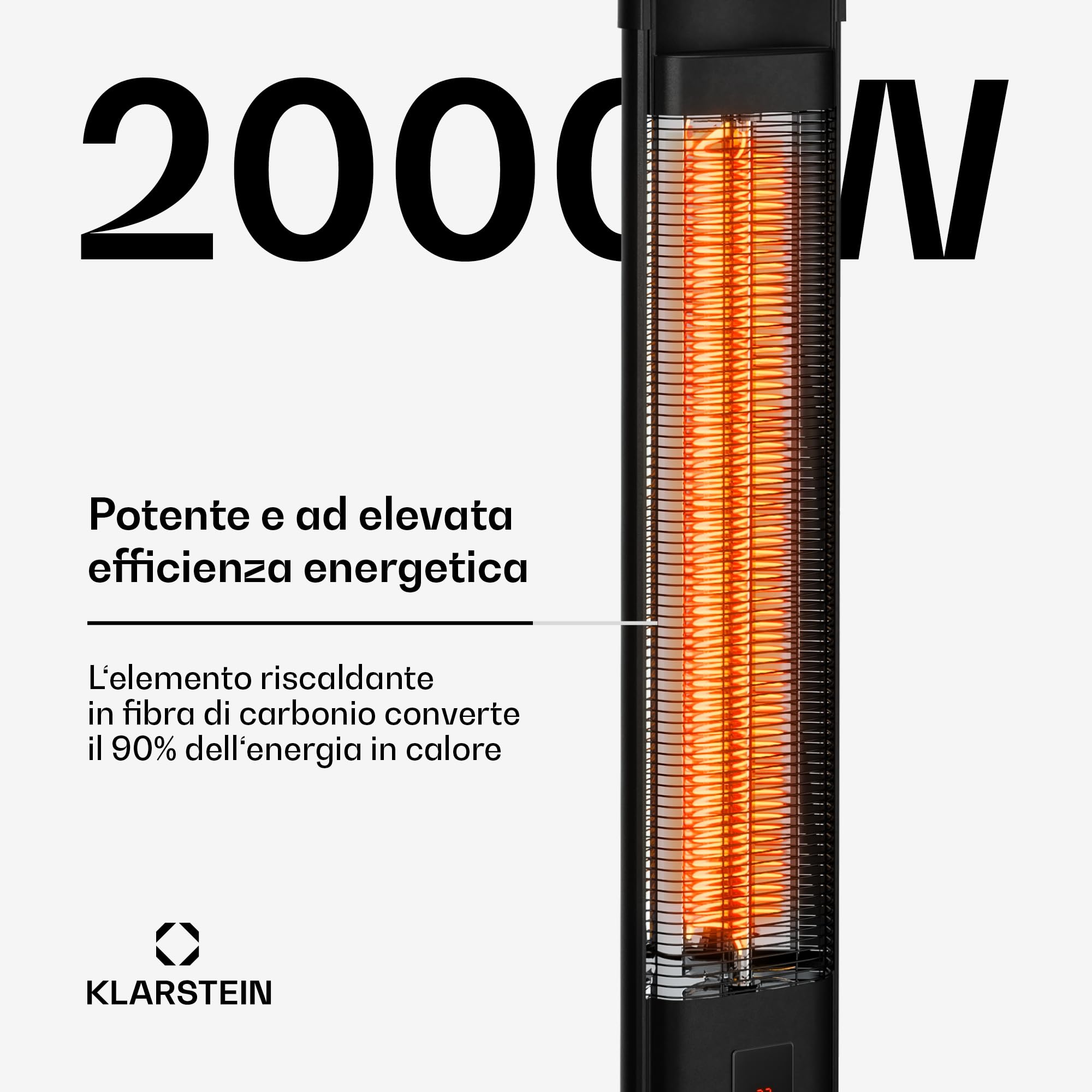 Klarstein BlazeTower Riscaldamento a Infrarossi - 2000W, 3 Livelli, IP45, Timer, Telecomando & Protezione Antiribaltamento - Riscaldamento Infrarossi per Esterni
