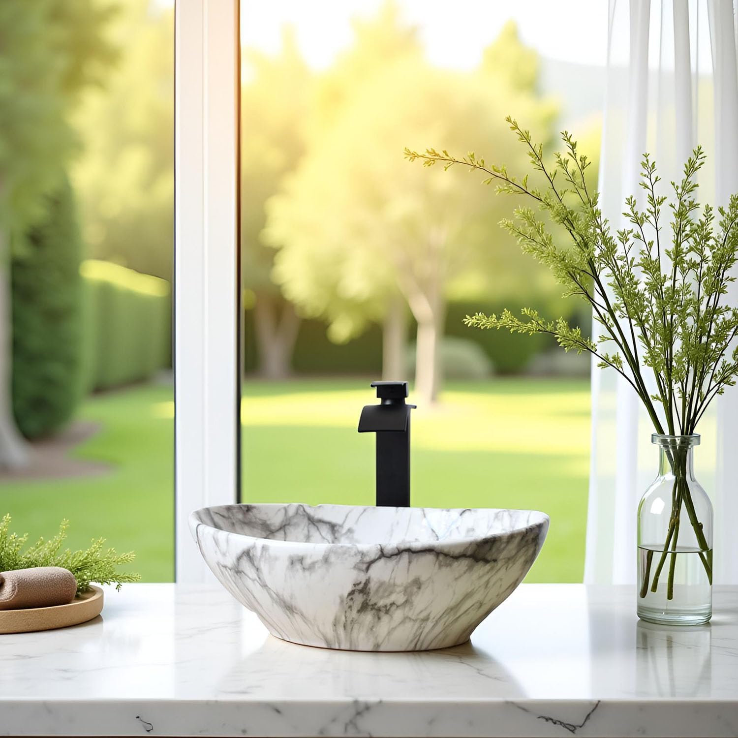 Bathroom Sink Oval White Vessel Sink with Waterfall Faucet and Drain Combo 16 Inch Marbling Ceramic Vessel Sink for Above Counter Artistic Bowl Sink