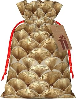 Golden Fan Pictures Print Gift Bags, Reusable Drawstring Christmas Gift Bags with Gifts Tag for Birthday Xmas Holiday Party Supplies, Christmas Decorations