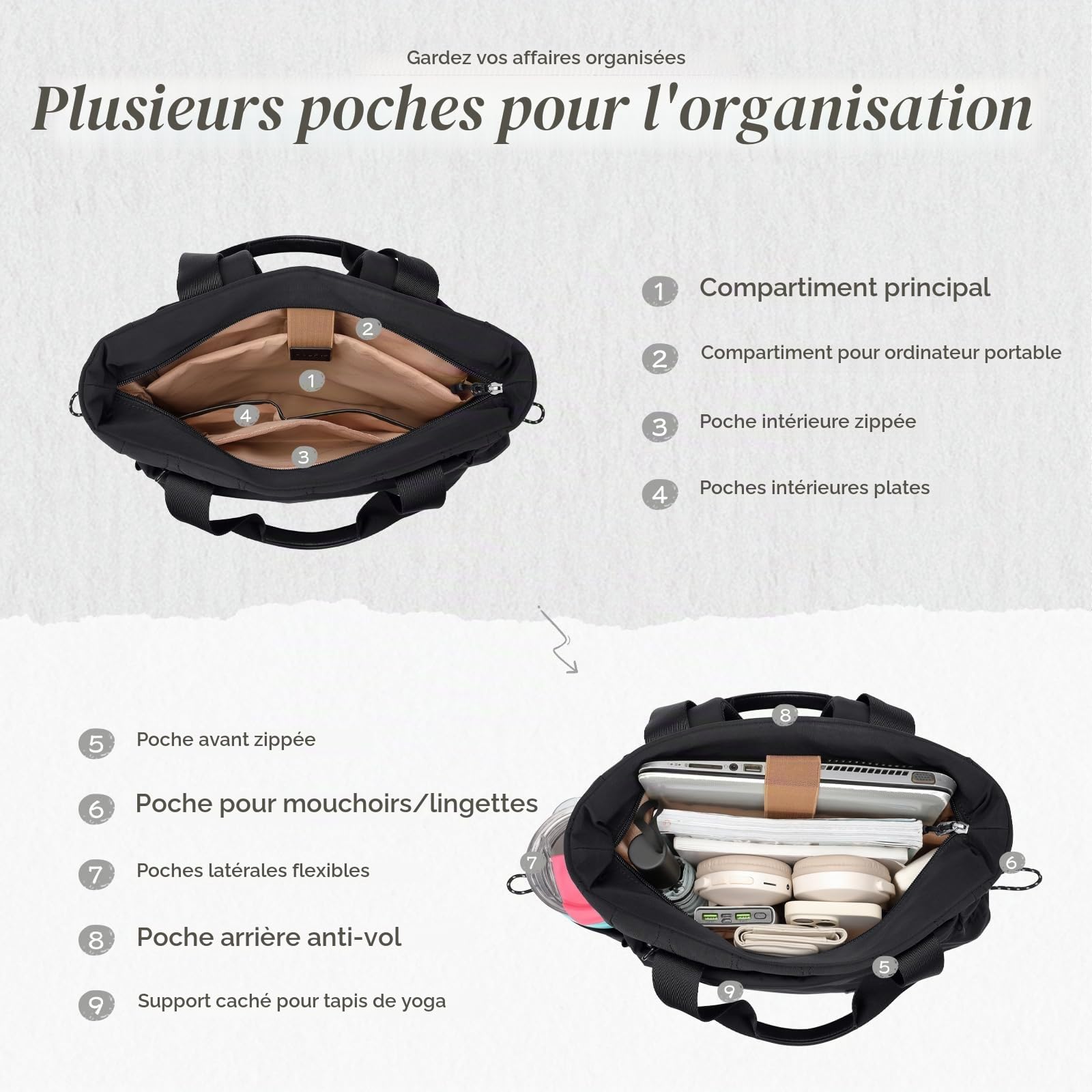 GOLF SUPAGS Sac à Dos Convertible pour Ordinateur Portable Femme, Rangement pour Tapis de Yoga, Sac de Yoga pour Femme, Sac de Fitness Sport, pour les Voyages, Fitness, Yoga et Travail