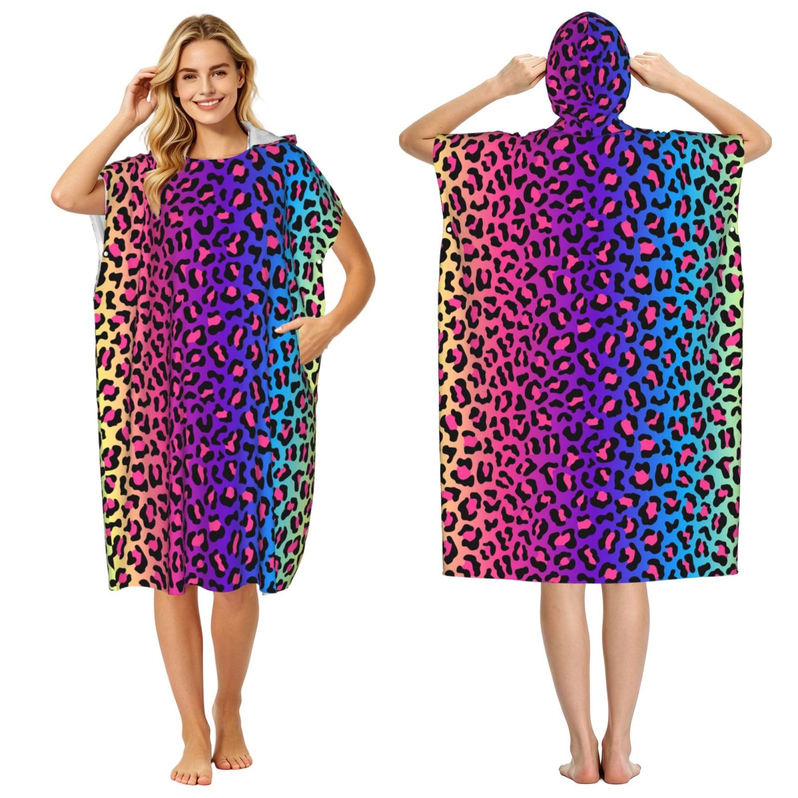 Poadnly Neon Color Gradient Leopard Print, Adult Hooded Beach Towel 90 x 110 cm,Changing Bath Robe, Surf Poncho Towel For Women Men