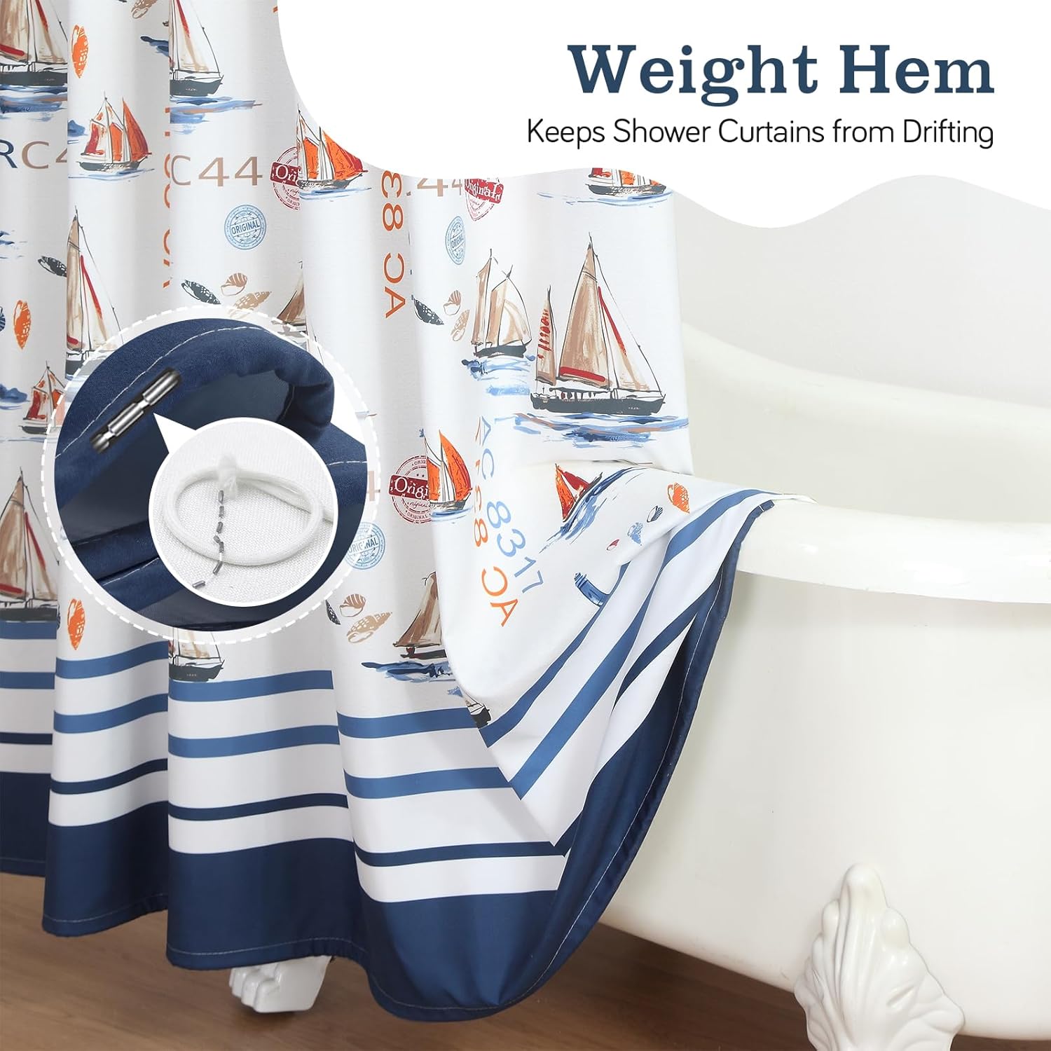 Coastal Stripes Shower Curtain,Nautical Beach Ocean Themed Fabric Printed Sailboat Waterproof Bath Curtains for Bathroom,72" W x 72" H