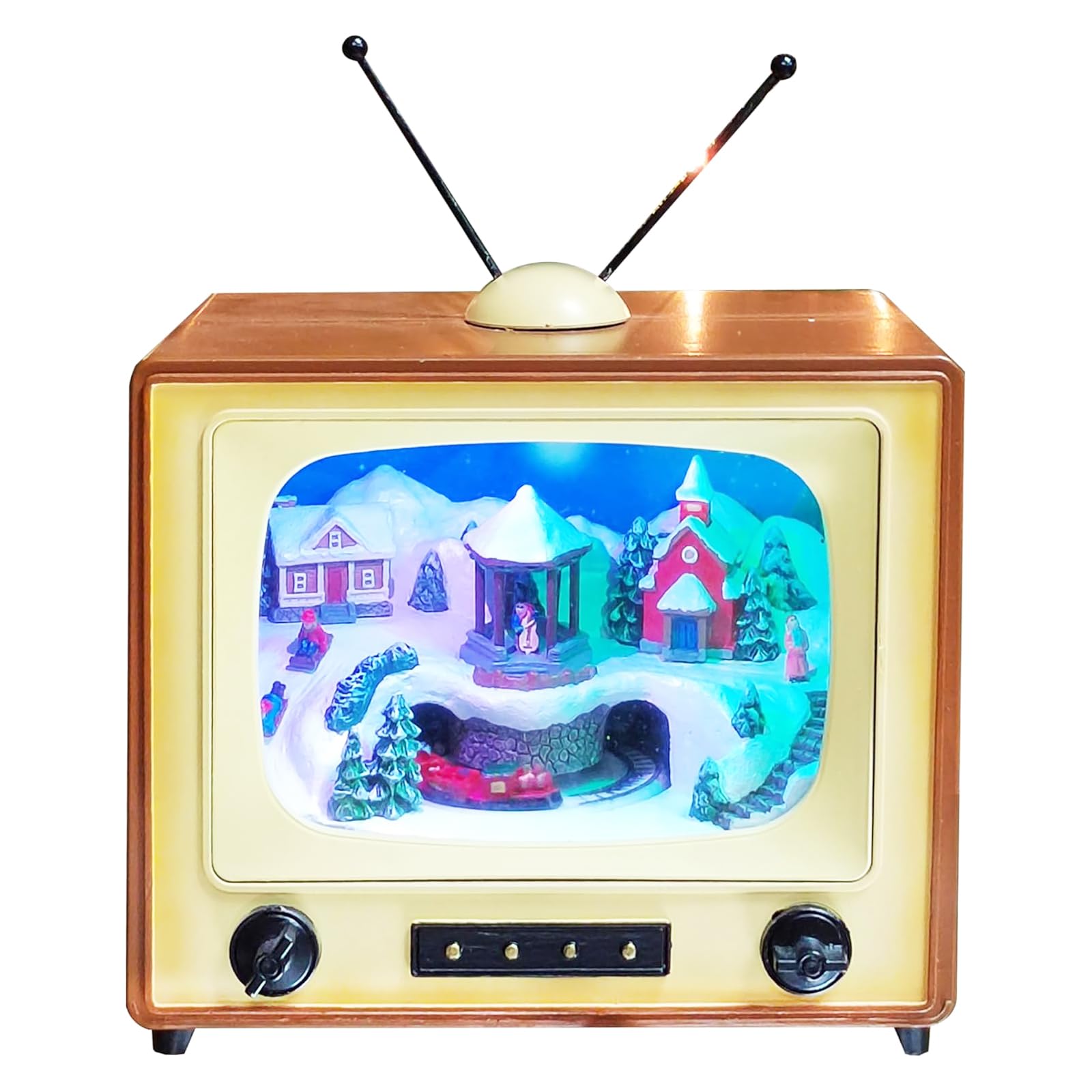 TV rétro de Noël en polyrésine peinte à la main avec scène montagnarde premium