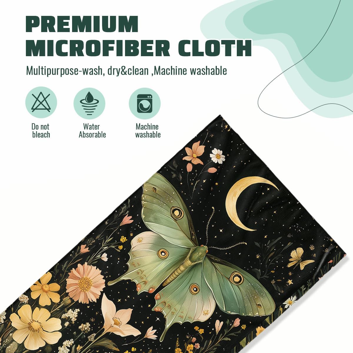 Moon Phase Moth Garden Hand Towels Bathroom Set of 2 Absorbent Luna Moth Flowers Kitchen Towels Set of 2 Face Towels for Bathroom Gym Hotel Sport Decor Gifts for Women Man 14.4"x28.3" - Image 2