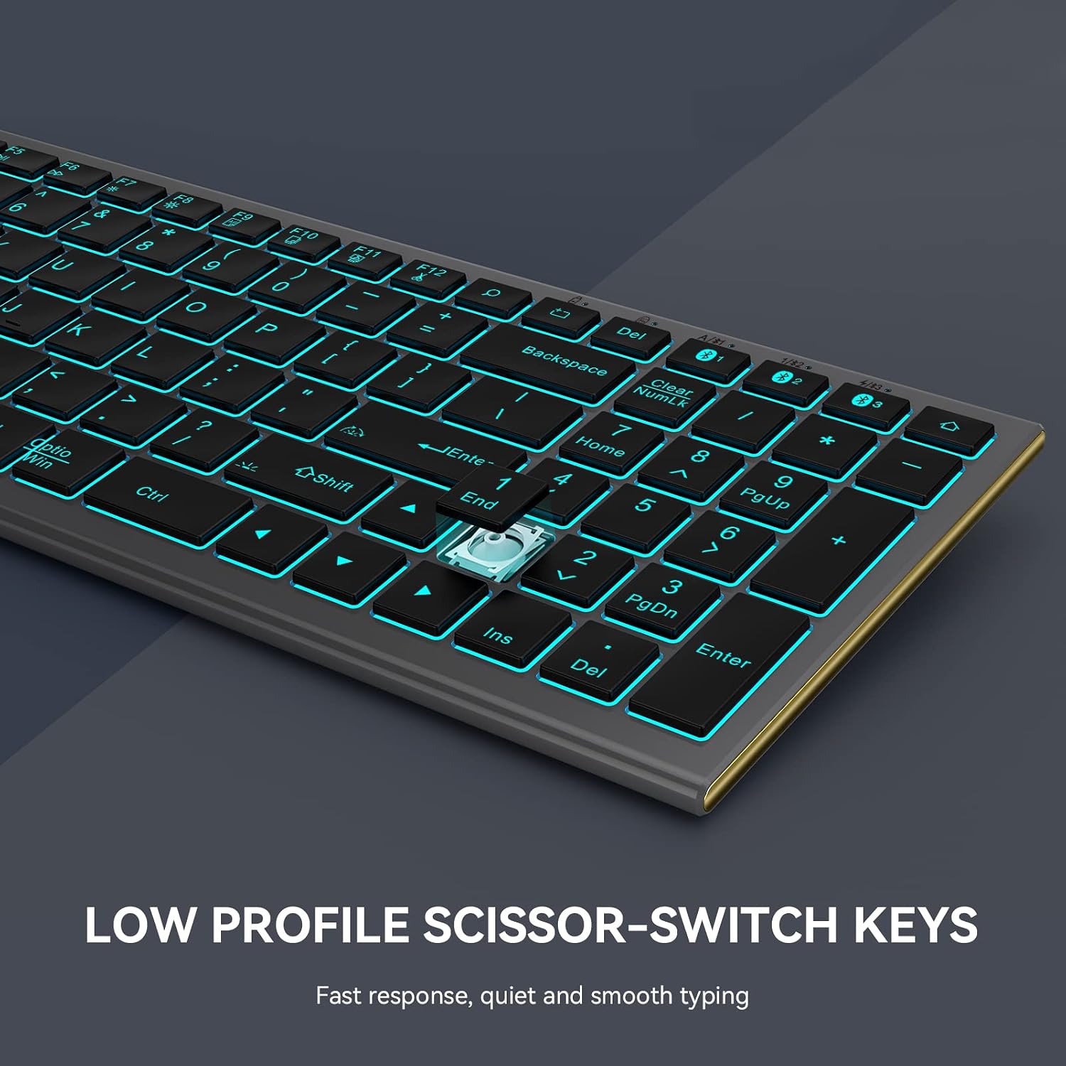 VIVEFOX Bluetooth Wireless Backlit Keyboard for 3 Device, Rechargeable Keyboard US Layout Cordless Ultra-Thin Silent Keyboard for PC, Laptop, Tablet, Mac, Smartphone, Space Gray