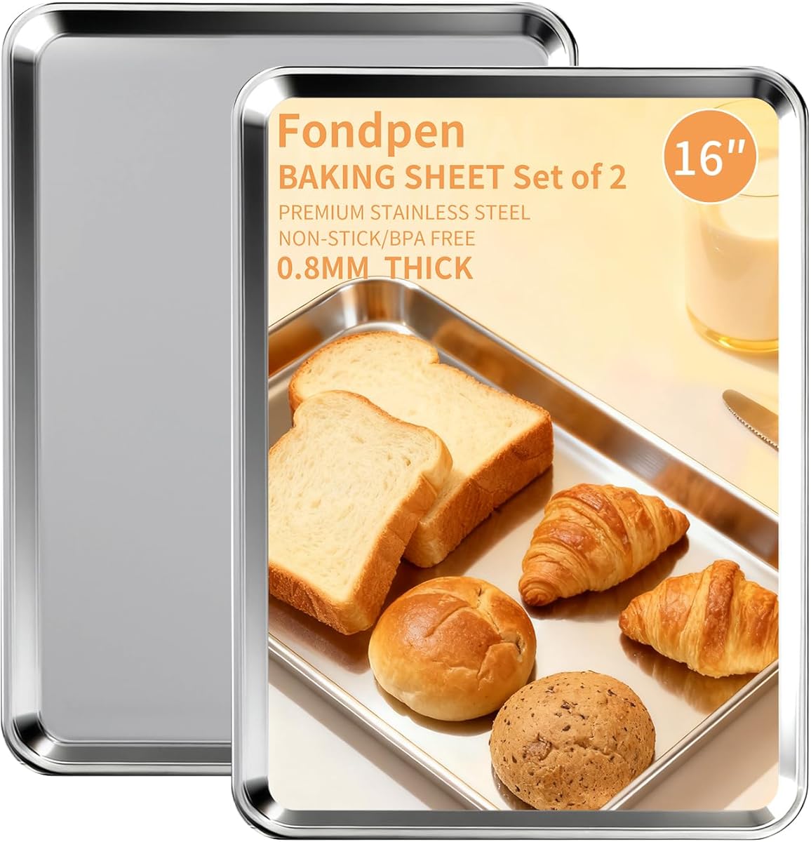 Baking Sheet Set of 2, Stainless Steel Cookie Sheets Baking Sheet Pan, 16 x 12 Inch Thicker and Firmer Baking Pans Set, Non-stick, Non toxic & Heavy Duty & Easy Clean,Dishwasher Safe
