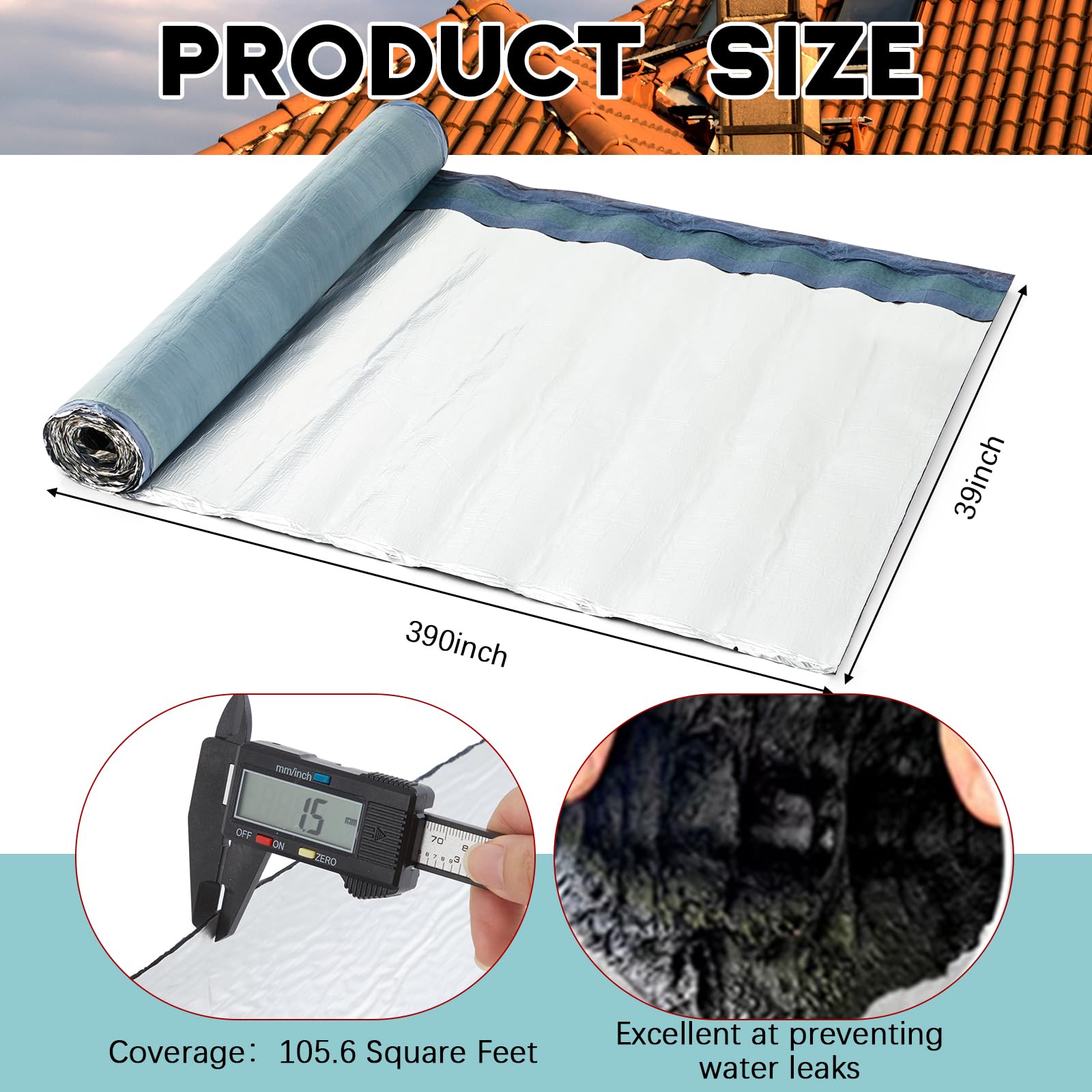 Rollo sintético impermeable para techo, membrana impermeabilizante autoadhesiva de 39 x 390 pulgadas, fácil de despegar y sellar para techos planos, cobertizos, RV, metal y techos inclinados