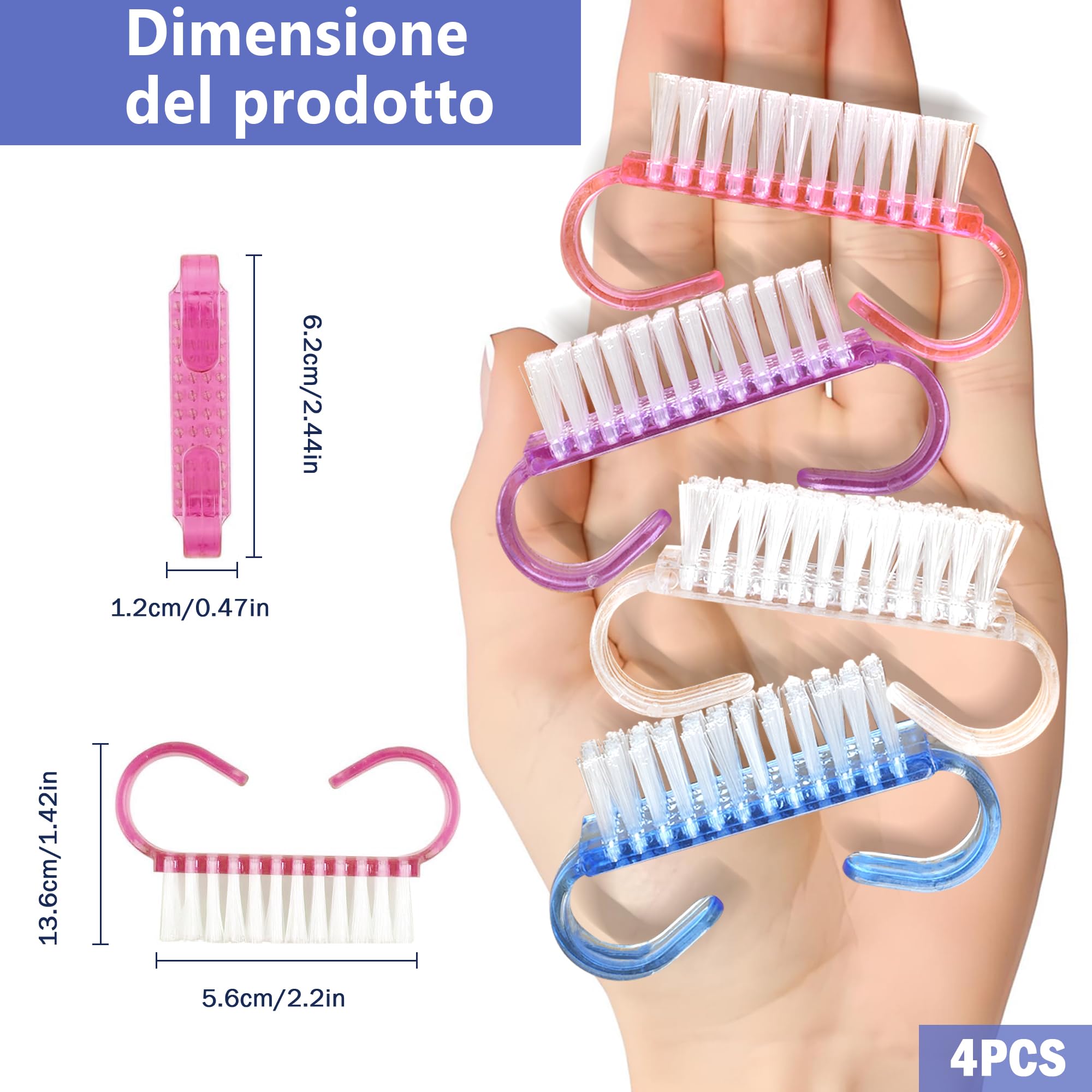 Spazzolino unghie mani, Set 4 pezzi Spazzola Unghie con Manico, Spazzola per Unghie Portatile, Spazzole per Pulire