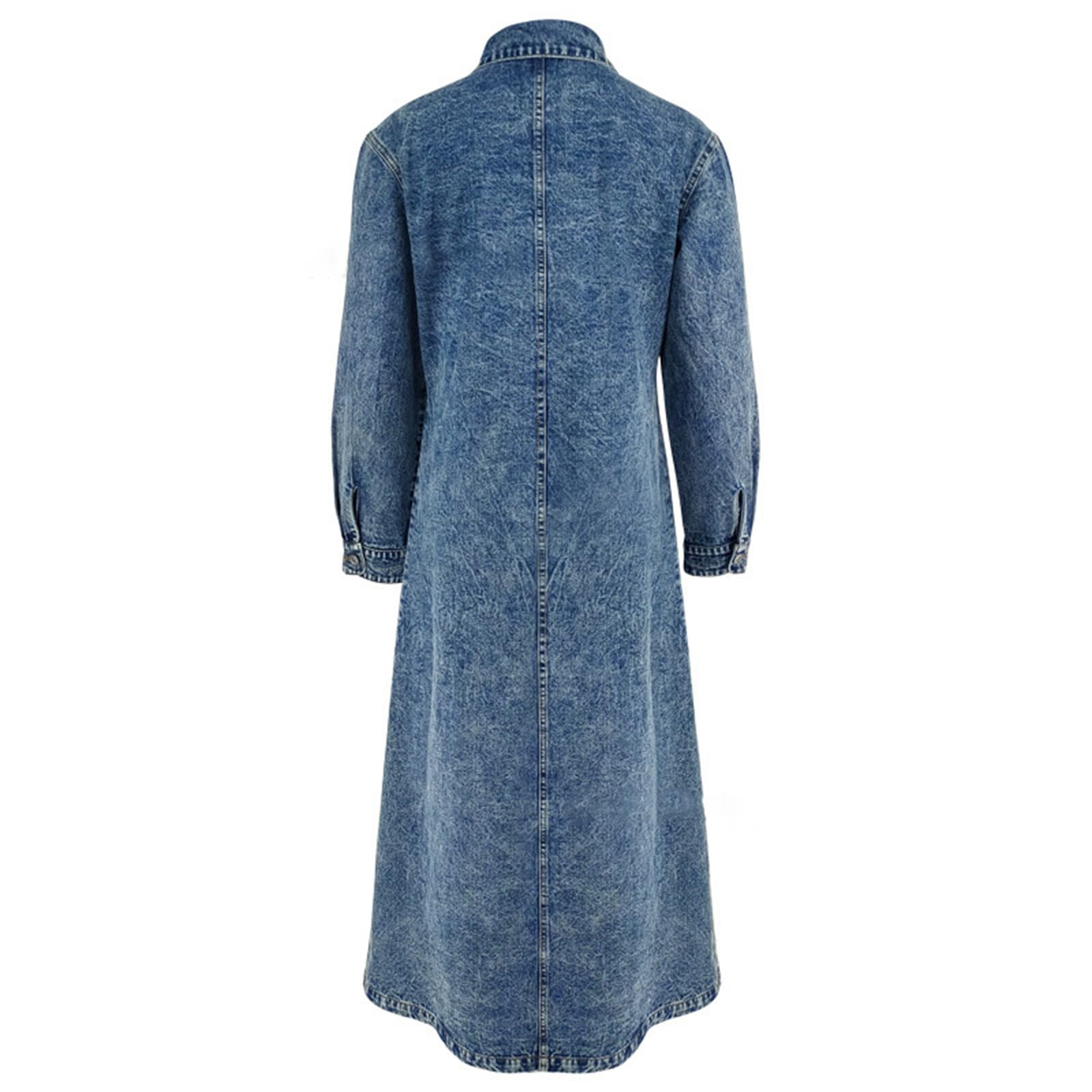 Trench Dżinsowy Długi Damski Klapa Guziki Kurtka Denim Luźna Oversize, Niebieski, S | Wiatroodporny dżins z praktycznymi kieszeniami bocznymi. Łatwe dopasowanie do innych ubrań. Com, idealny do pracy
