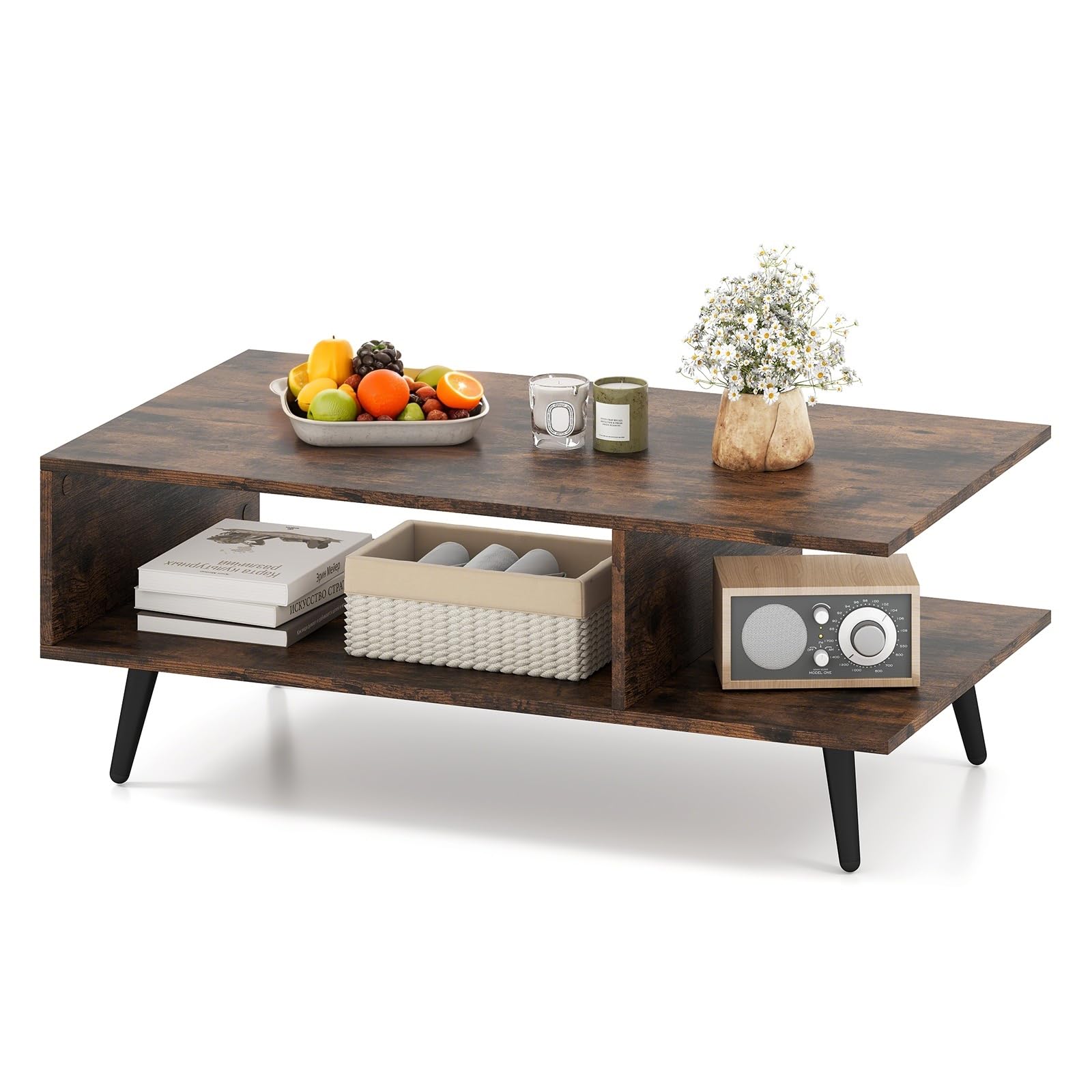 LIFEZEAL Tavolino Salotto, Tavolino Basso da Caffè, da Divano, a 2 Ripiani, con 2 Scomparti Aperti, Gambe in Metallo, Moderno, per Soggiorno, Montaggio Semplice, 80x45x30cm, Max 80kg (marrone)