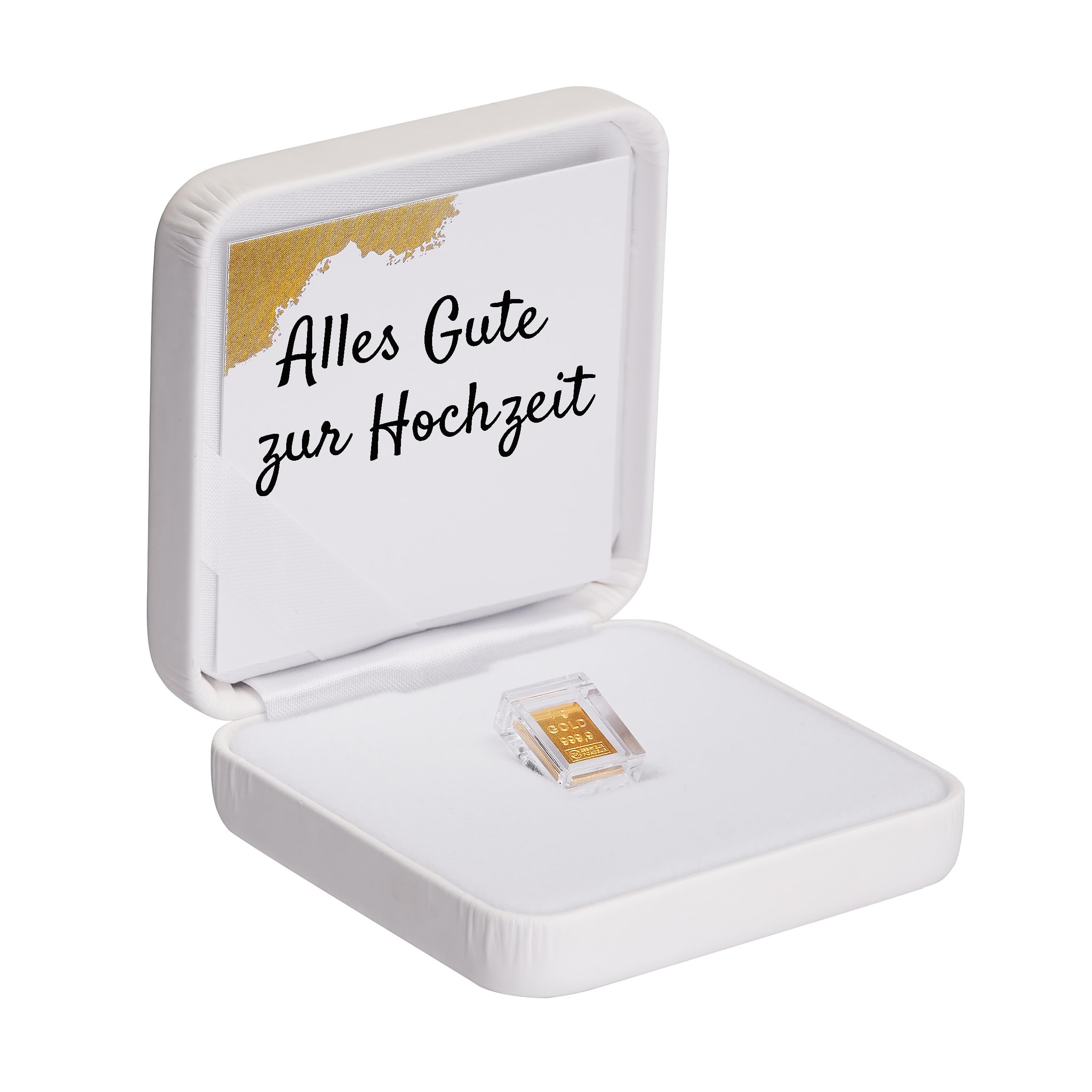 Goldstücke24 - Geschenk zur Hochzeit - Goldbarren 1g in hochwertiger Kapsel inkl. Etui (weiß) und Grußkarte - Gold zur Hochzeit verschenken