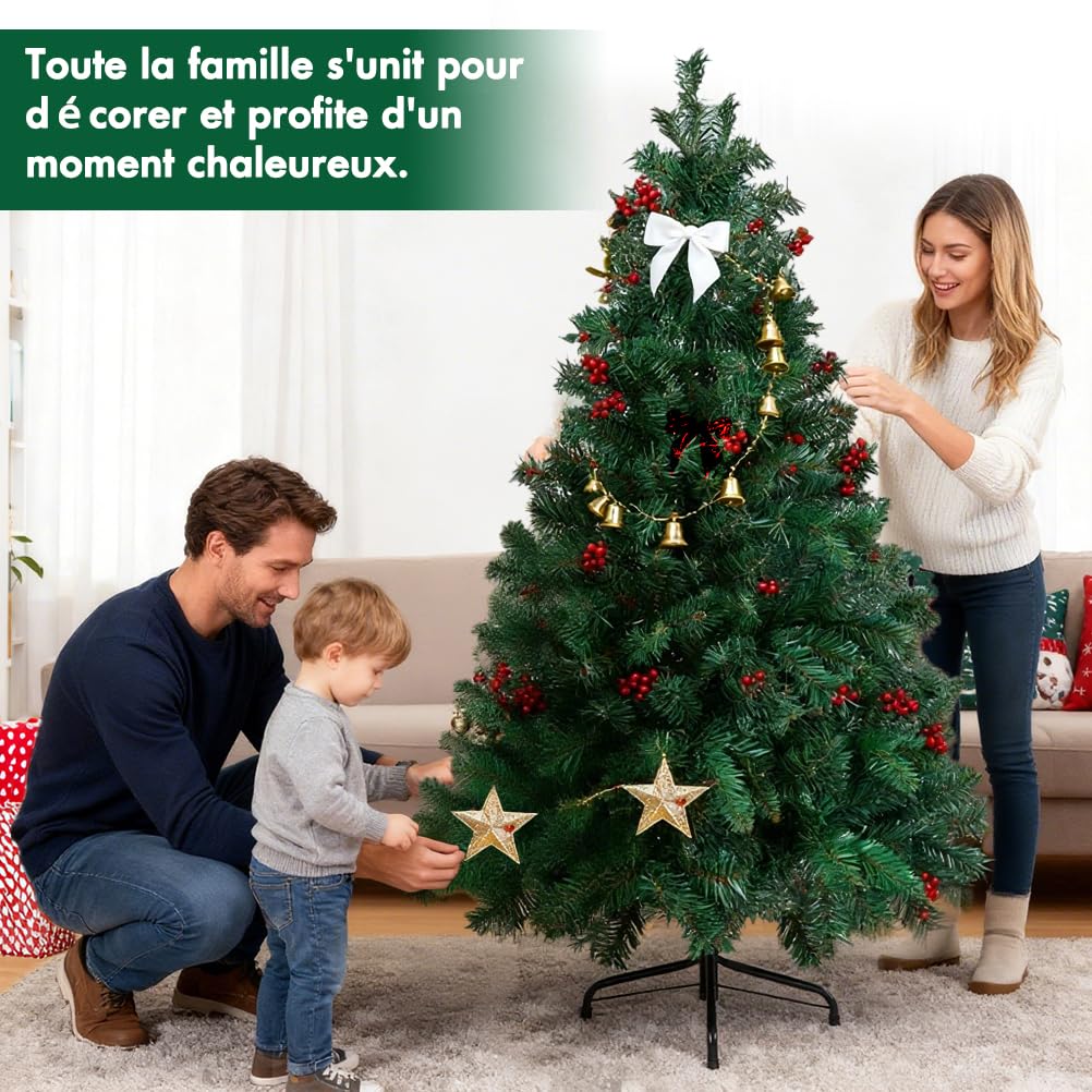 OUSFOT Vert Sapin de Noel, 1099 Branches Sapin de Noel Artificiel 210cm, avec Base en Métal Matériau PVC,Convient pour Le Salon,Chambre,Bureau