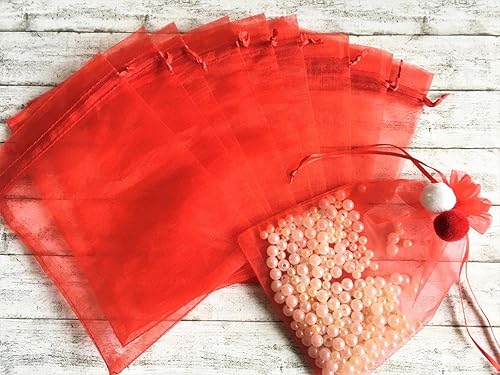 Miniatura 6 de Bolsas de regalo de organza de 5 x 7 pulgadas con cordón para joyas, dulces, flores de lavanda secas, 100 bolsitas rojas, bolsa de malla de tela