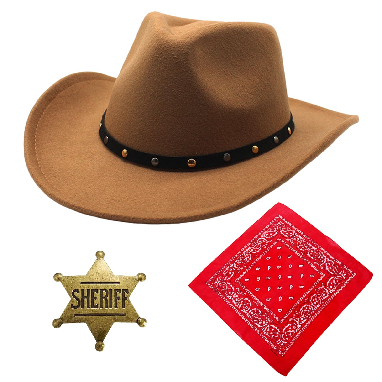 Essestim Cowboy Hats for Men Women, Unisex Adult Texan Cowboy Hat with Neckscarf, Sheriff Badge, Western Fancy Dress Party Accessory Wild Western Country Western Rancher (Style 1)