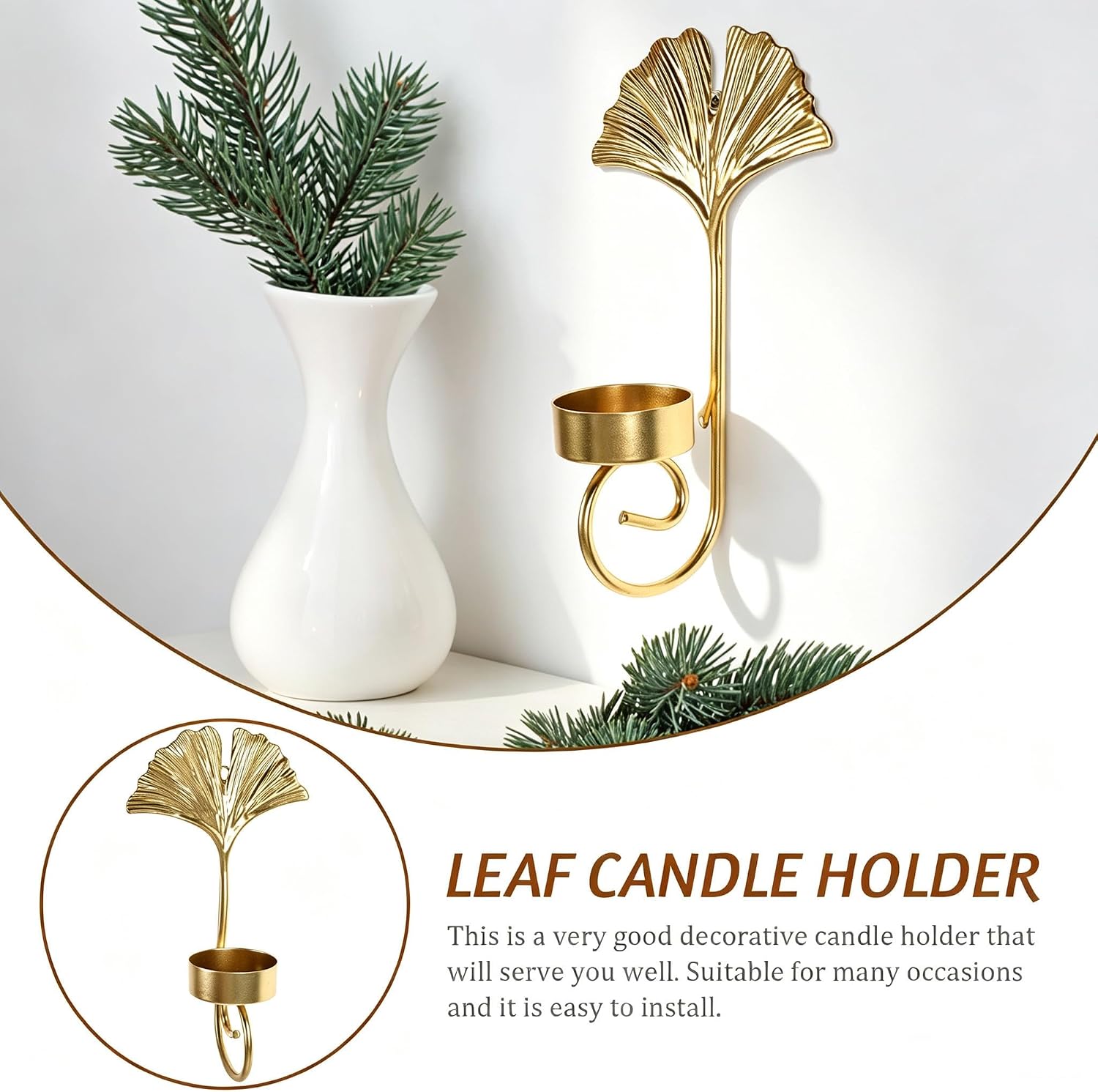 Golden Leaf Wall Candle Sconce Iron Holder Xmas Home Decor