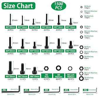 1500PCS Metric Screw Assortment Kit, M2 M3 M4 M5 M6 Machine Screws with Lock & Flat Washers, 12.9 Grade Alloy Steel, Metric Hex Socket Head Cap Nuts and Bolts Assortment Kit with 4 Wrenches