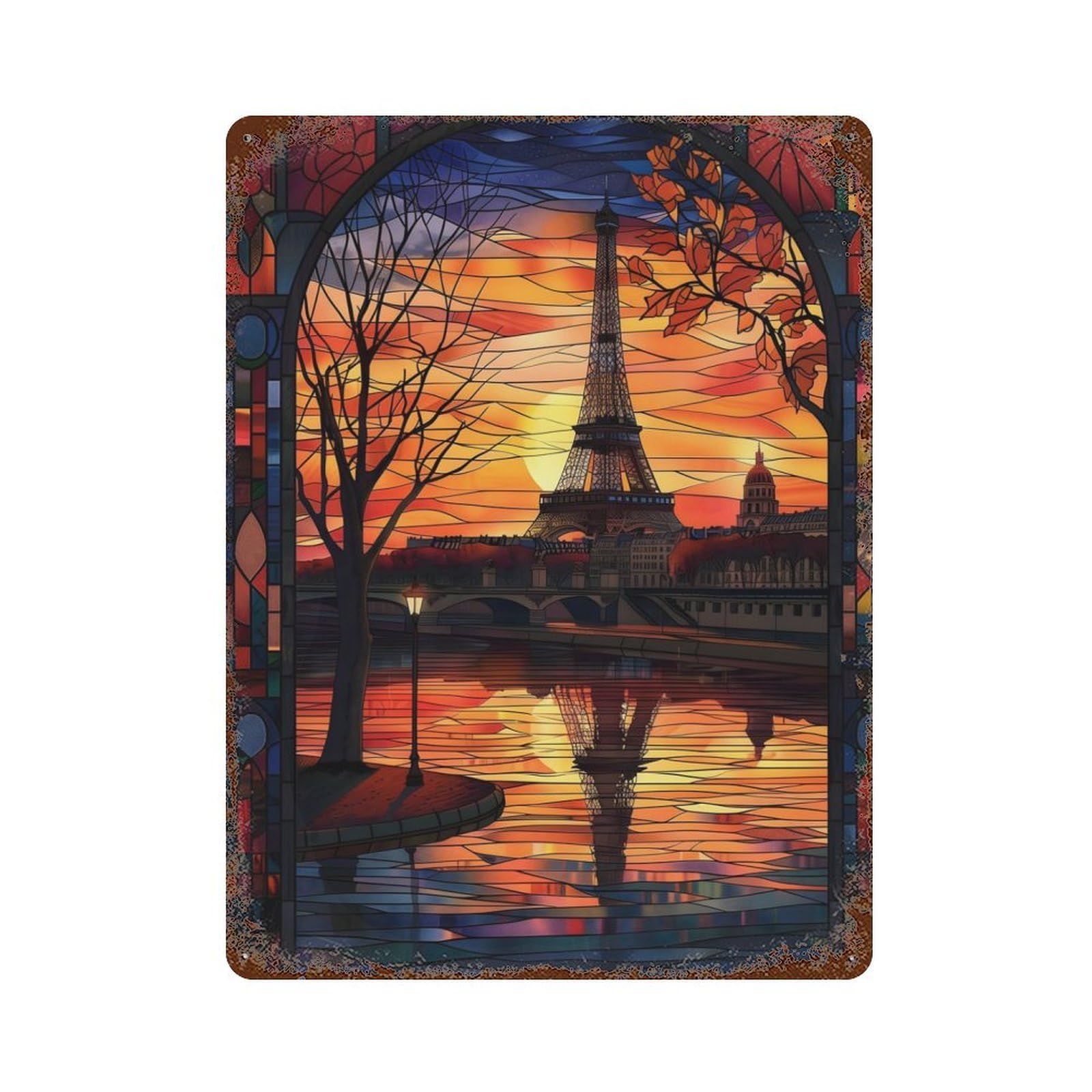 Vintage Rust Metal Sign with Paris Sunset Reflection Design 15.7"x11.8", for Garage, Bar And Workshop Decor, Retro Wall Decor