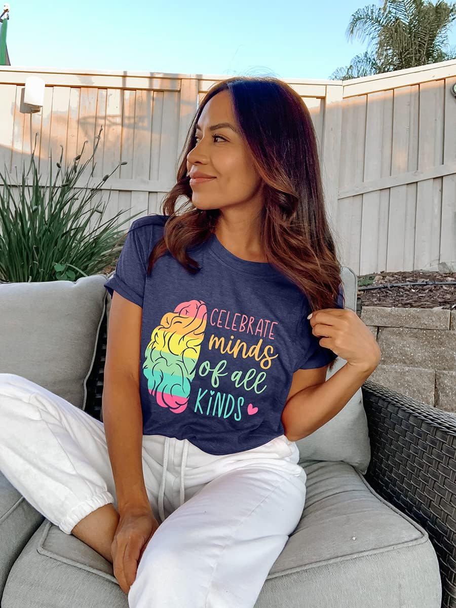 Celebrate Minds of All Kinds Shirt Women Autism Awareness Shirt Teacher Neurodiversity Short Sleeve Tee Top