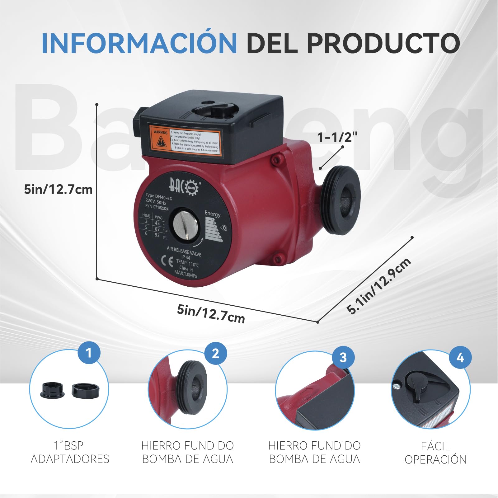 BACOENG Bomba de Circulación RS25/6-130 Bombas de Recirculacion Calefacción para Sistemas Circuladora Calefaccion Central 220V/50Hz