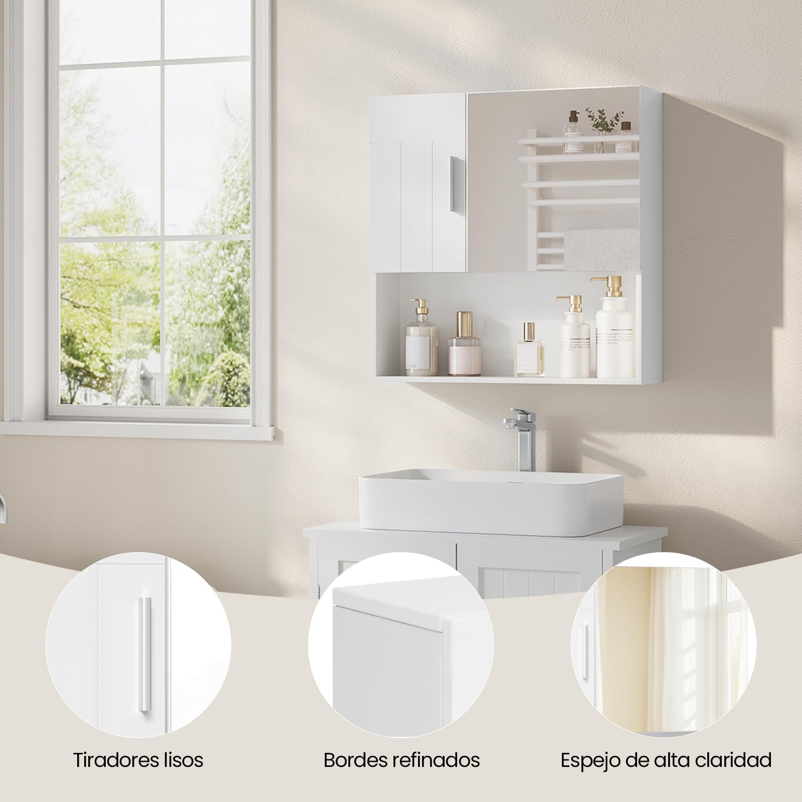 EUGAD Armario Baño de Pared, Mueble Baño con Espejo, Armario Colgar de Baño con Puerta y Estante Ajustable, 4 Compartimentos Interiores y 1 Abierto, MDF, Blanco