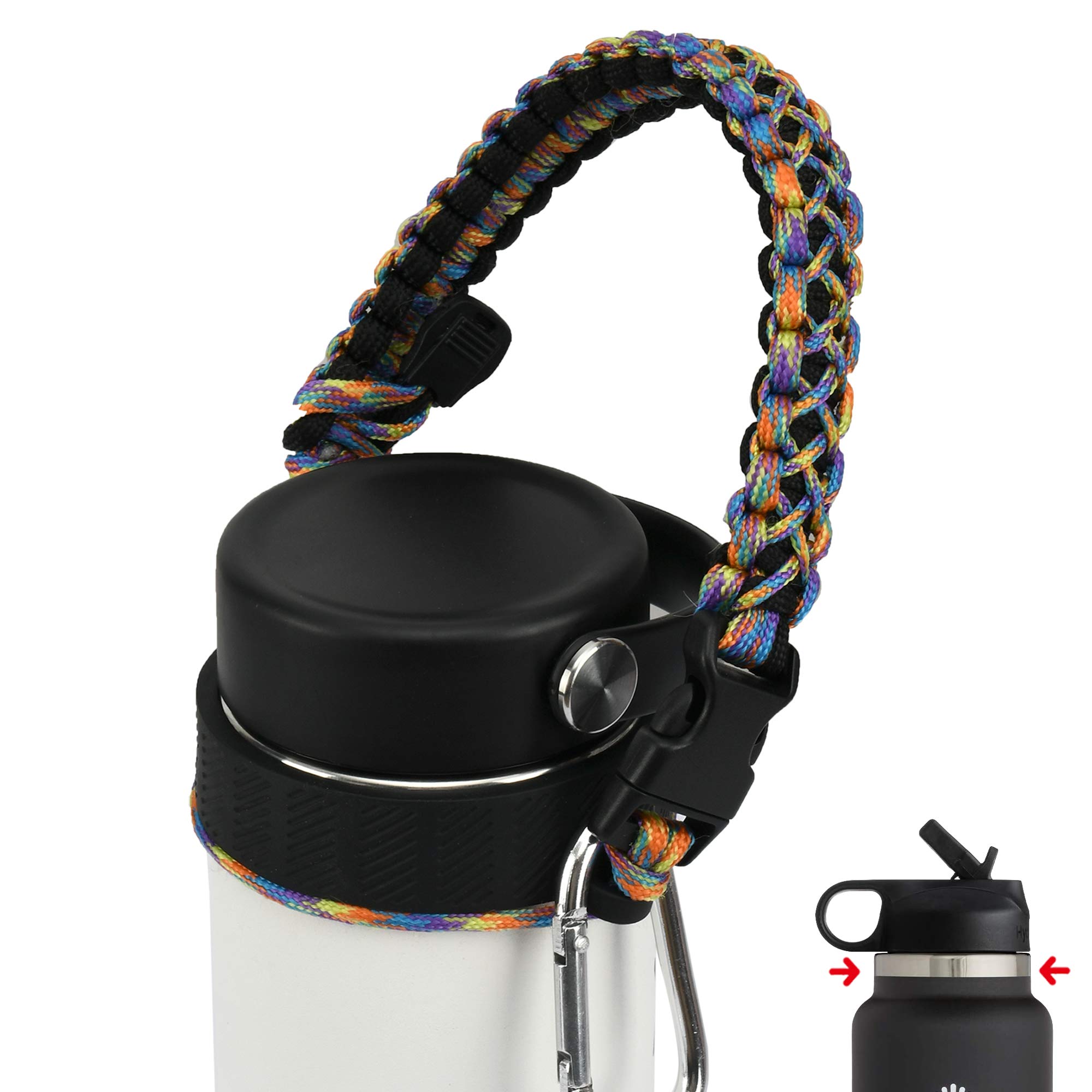 QeeCord 2.0 Paracord Handle for Hydroflask 2.0 Wide & Standard Mouth Water Bottles Strap Carrier with New Safety Ring Holder, 12oz - 64oz
