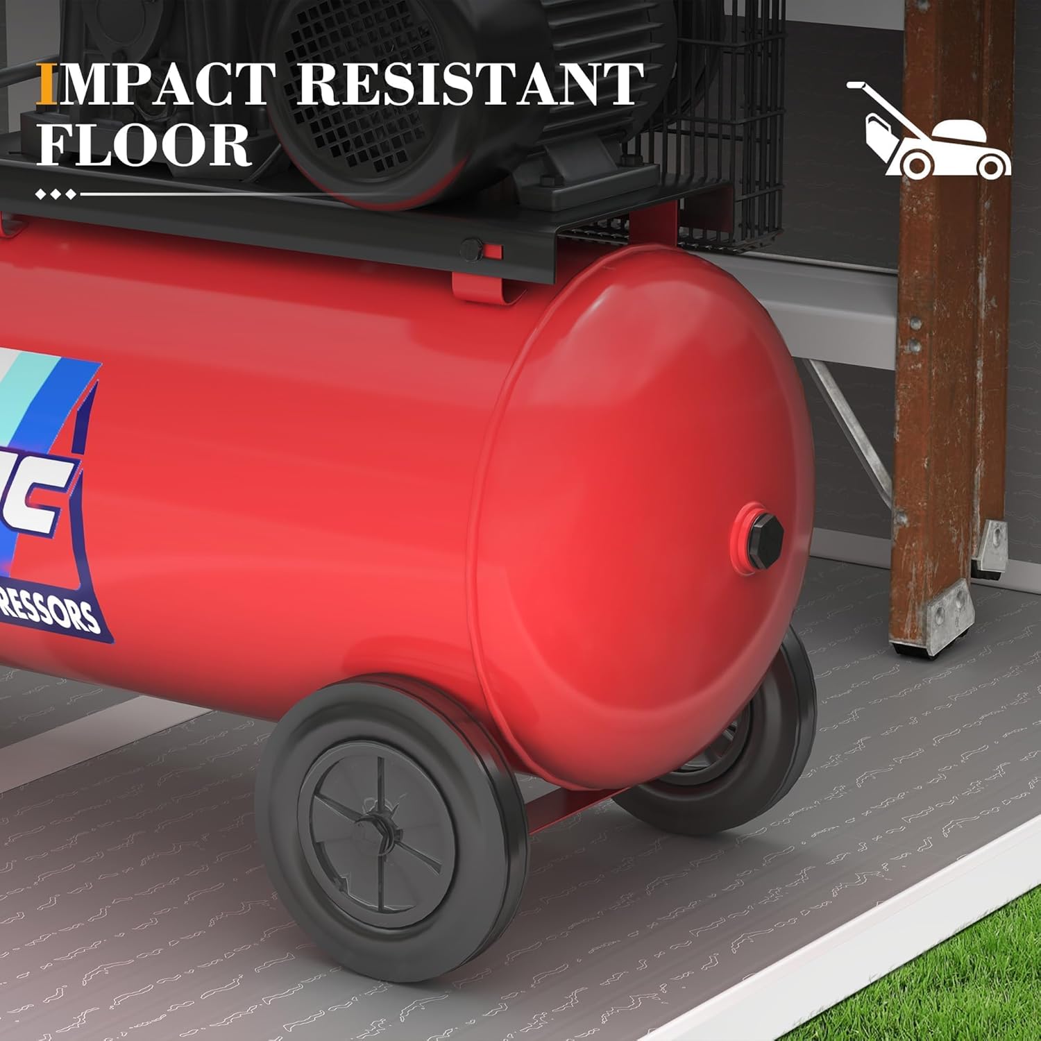 Close-up of the UDPATIO 8x10 FT storage shed roof and door, highlighting its weather-resistant features against a sunny and rainy background.