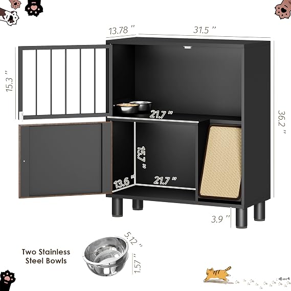 Dog Proof Cat Feeding Station, Metal Cat Feeding Cabinet, Black