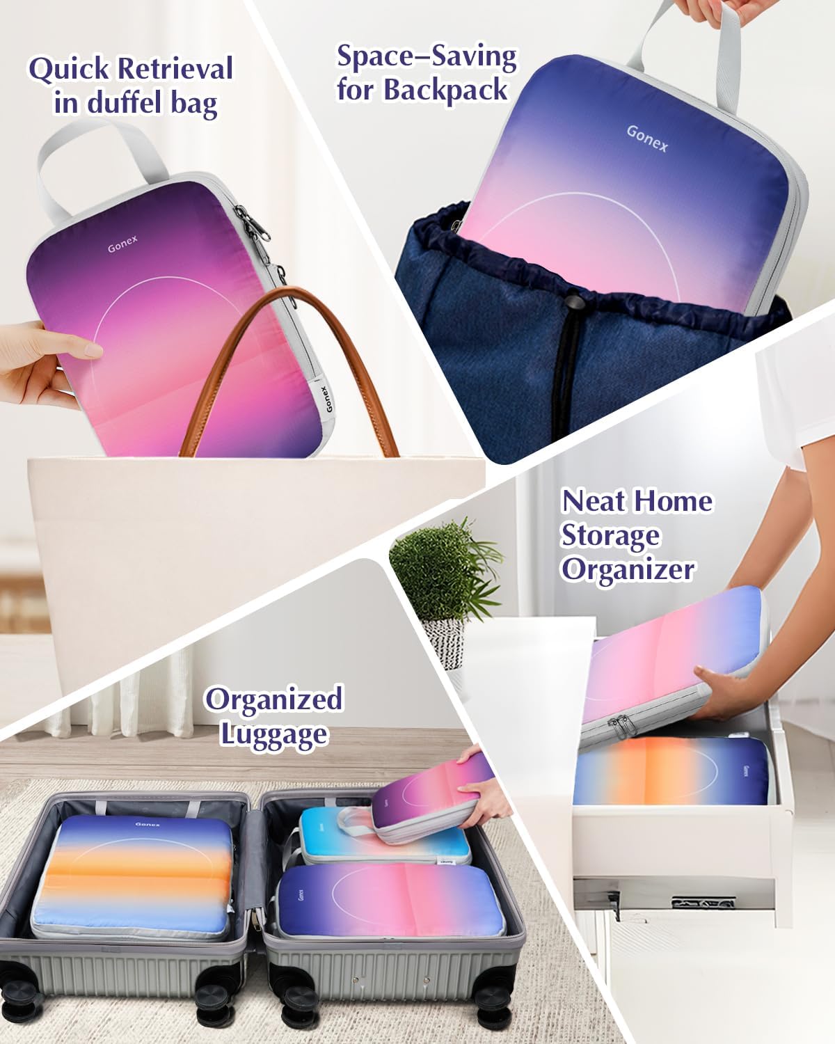 Gonex Compression Packing Cubes, 4pcs Expandable Storage Travel Luggage Bags Organizers, Travel Cubes for Suitcase Carry On (Gradient) - Image 6